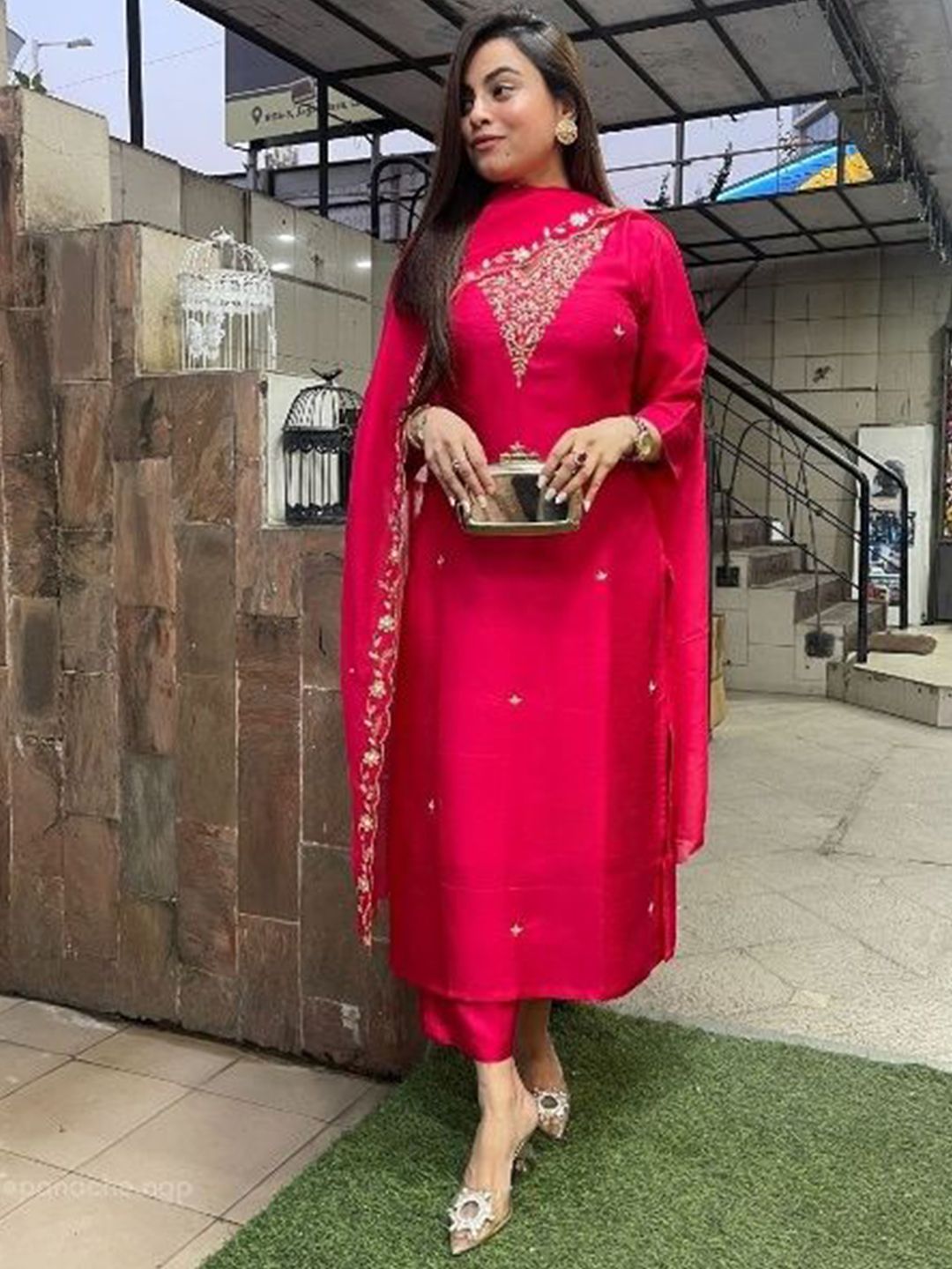 Moda Rapido Embroidered Straight Thread Work Chanderi Silk Kurta With Trouser & Dupatta