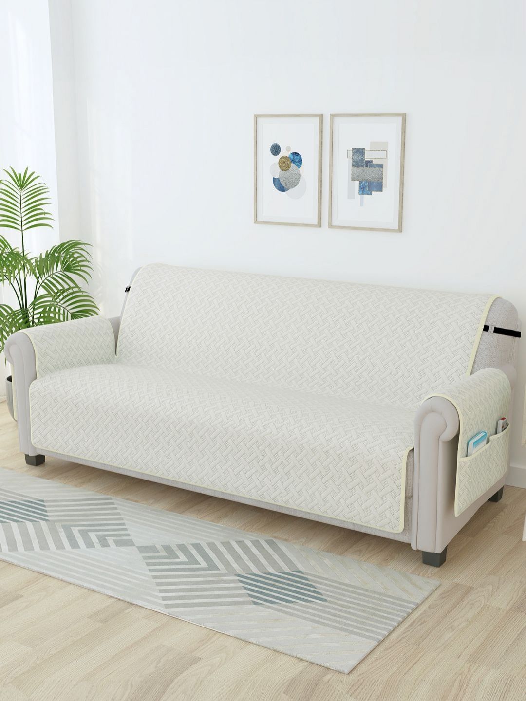 Story@home Off White Self design Microfiber 4 Seater Sofa Cover With Arms & Side Pockets-image-21