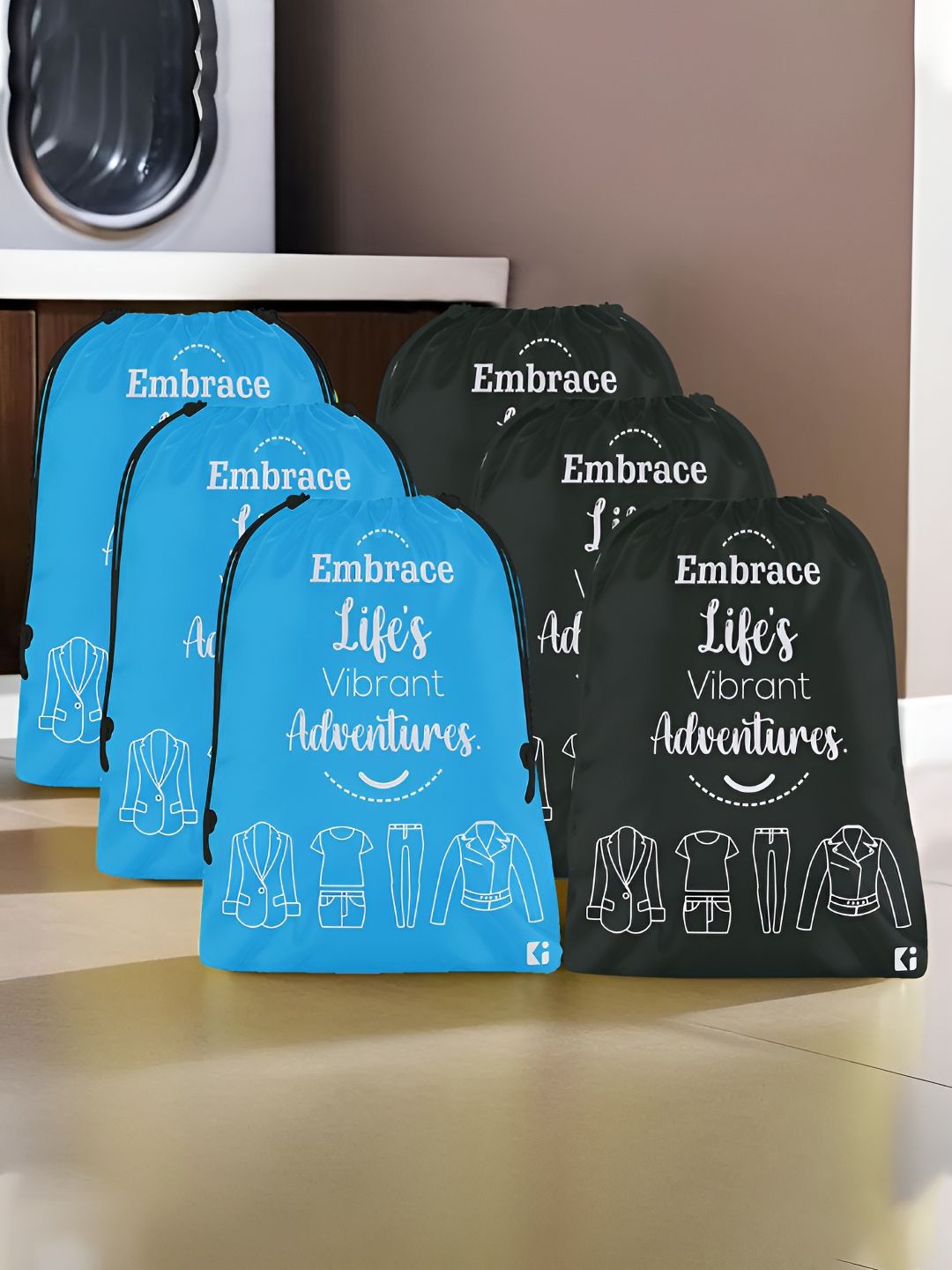 Aura Blue & Black 6 Pieces Printed Foldable Water Resistant Multi-Utility Laundry Bags-image-26