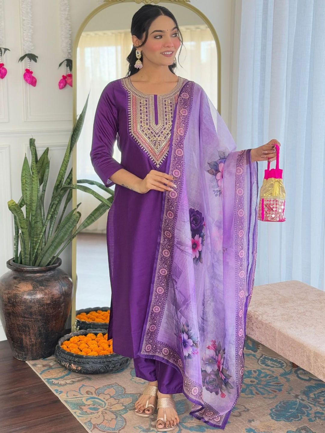 TWINS LADY Floral Embroidered Sequinned Round Neck Straight Kurta With Trousers & Dupatta