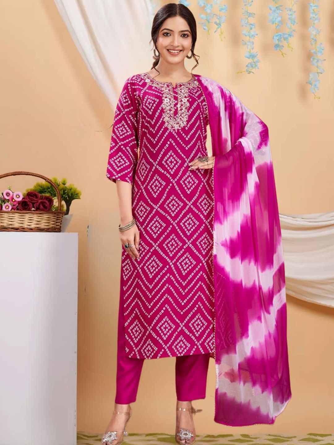 Vidusha Bandhani Printed Pure Cotton Notch Neck Straight Kurta With Trousers & Dupatta