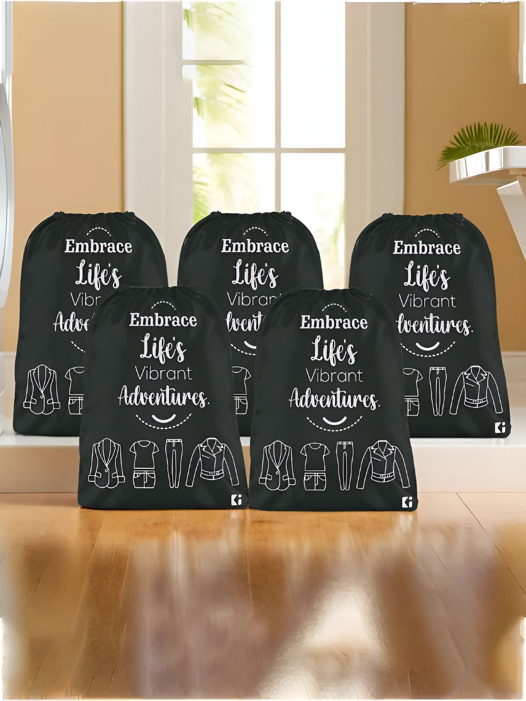 Aura Black 5 Pieces Printed Foldable Water Resistant Multi-Utility Laundry Bags-picture-19