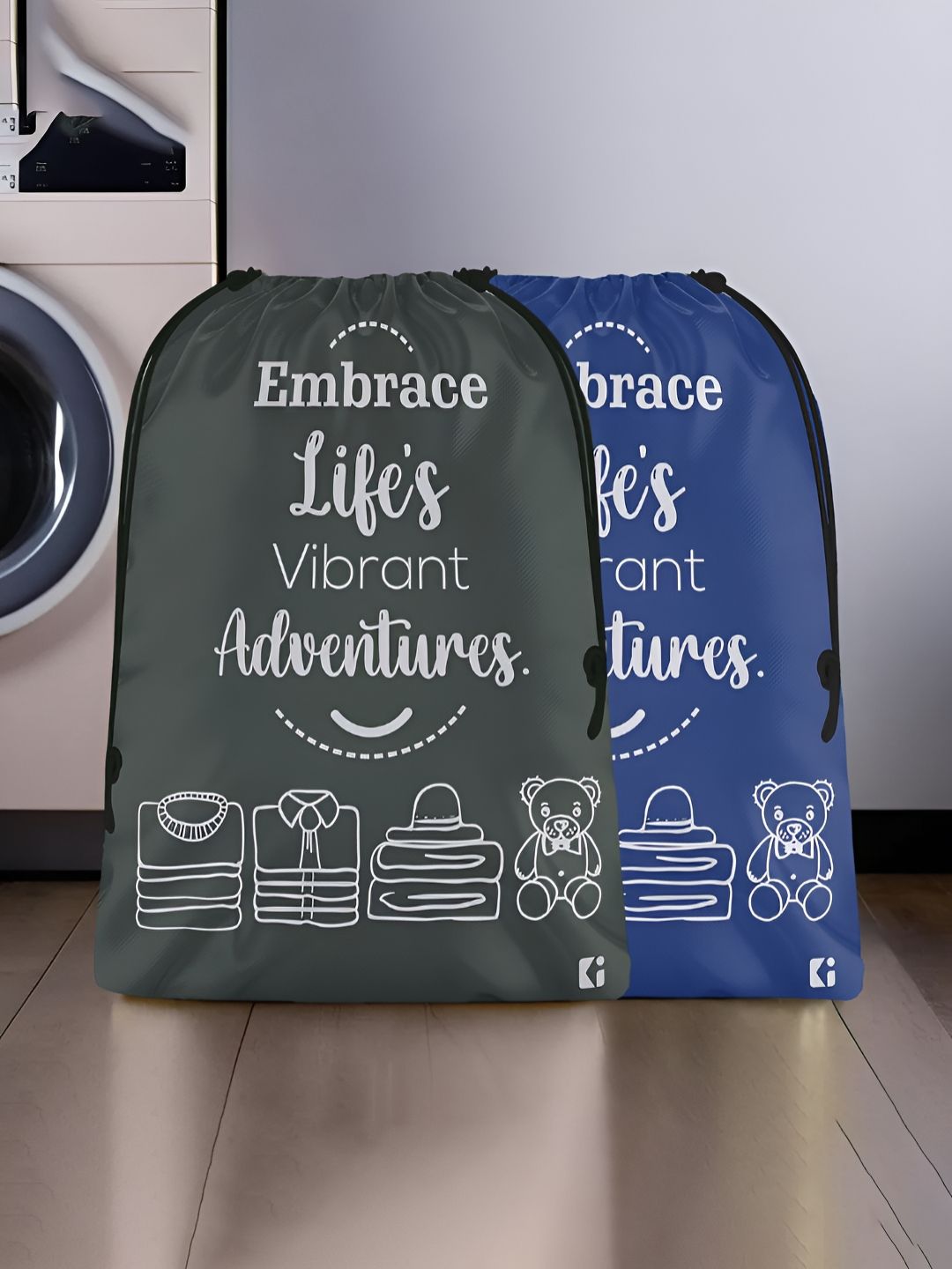 Aura Blue & White 2 Pieces Printed Foldable Laundry Bags-image-30