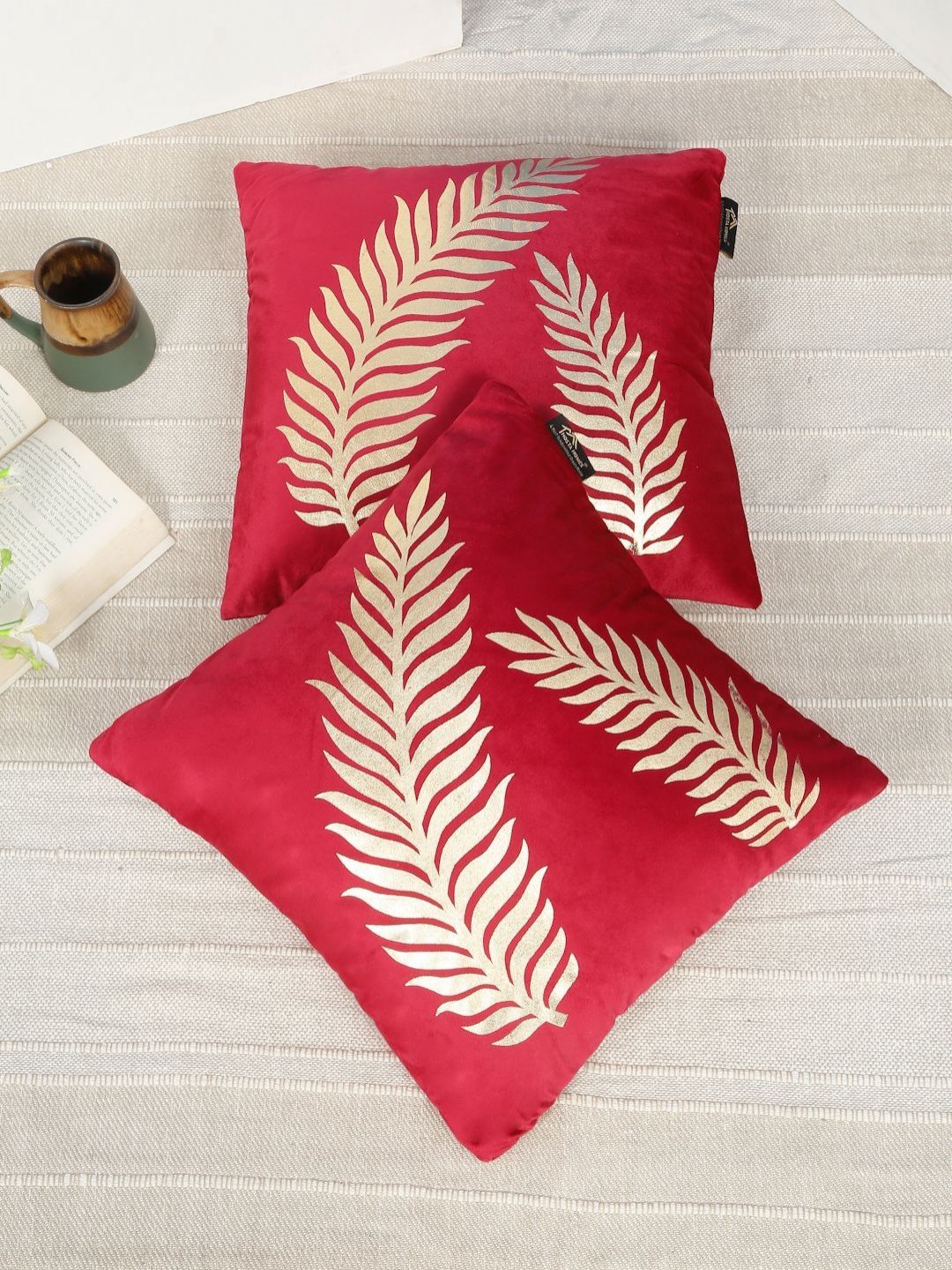 HOSTA HOMES Maroon & Cream-Coloured Set of 2 Ethnic Motifs Velvet Square Cushion Covers-picture-30