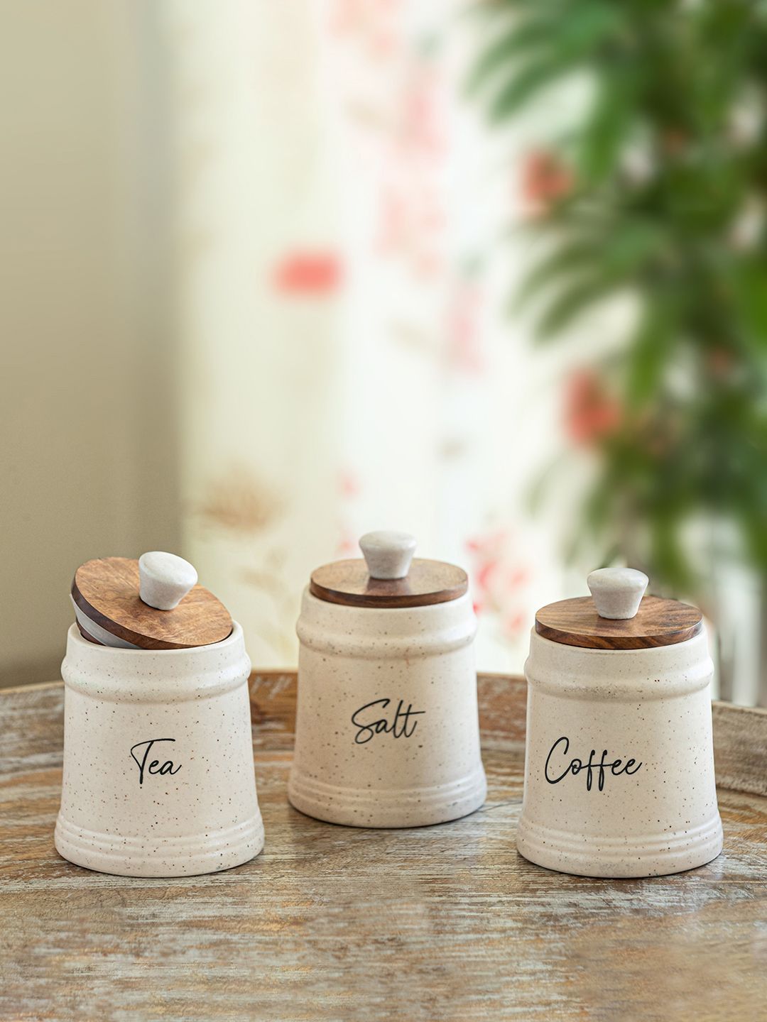 ExclusiveLane Off White & Brown 3 Pieces Ceramic Containers With Airtight Wooden Lid-picture-46
