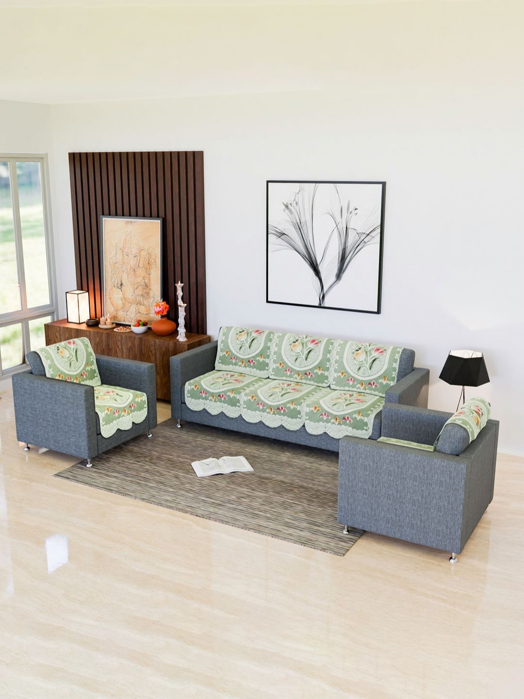 Aura Green & Red Printed Cotton Sofa Cover