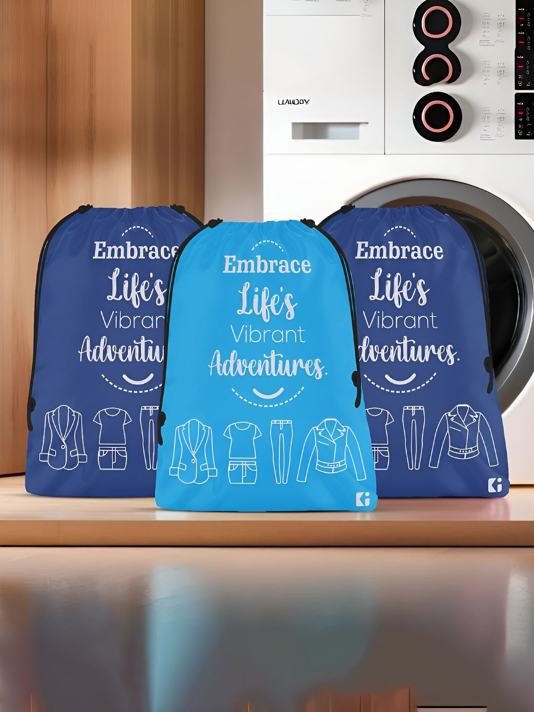 Aura Blue & White 3 Pieces Printed Foldable Laundry Bags-image-29