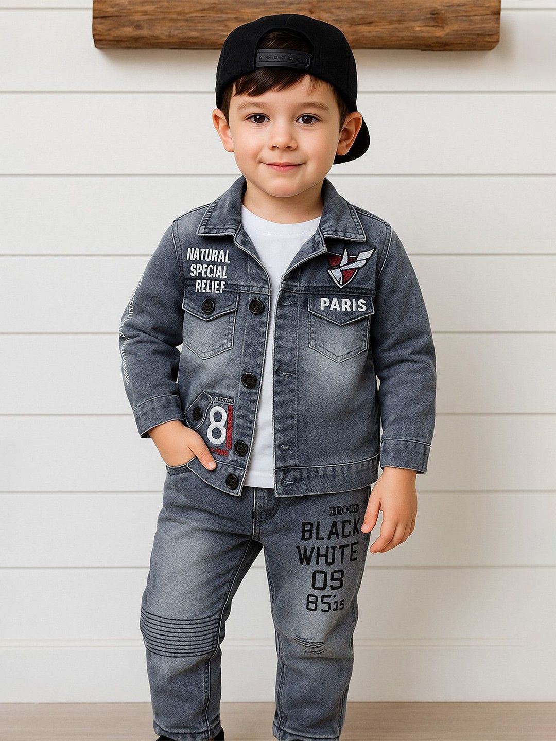 Shirazi Kids Boys Printed Long Sleeves Denim Jacket With Trousers