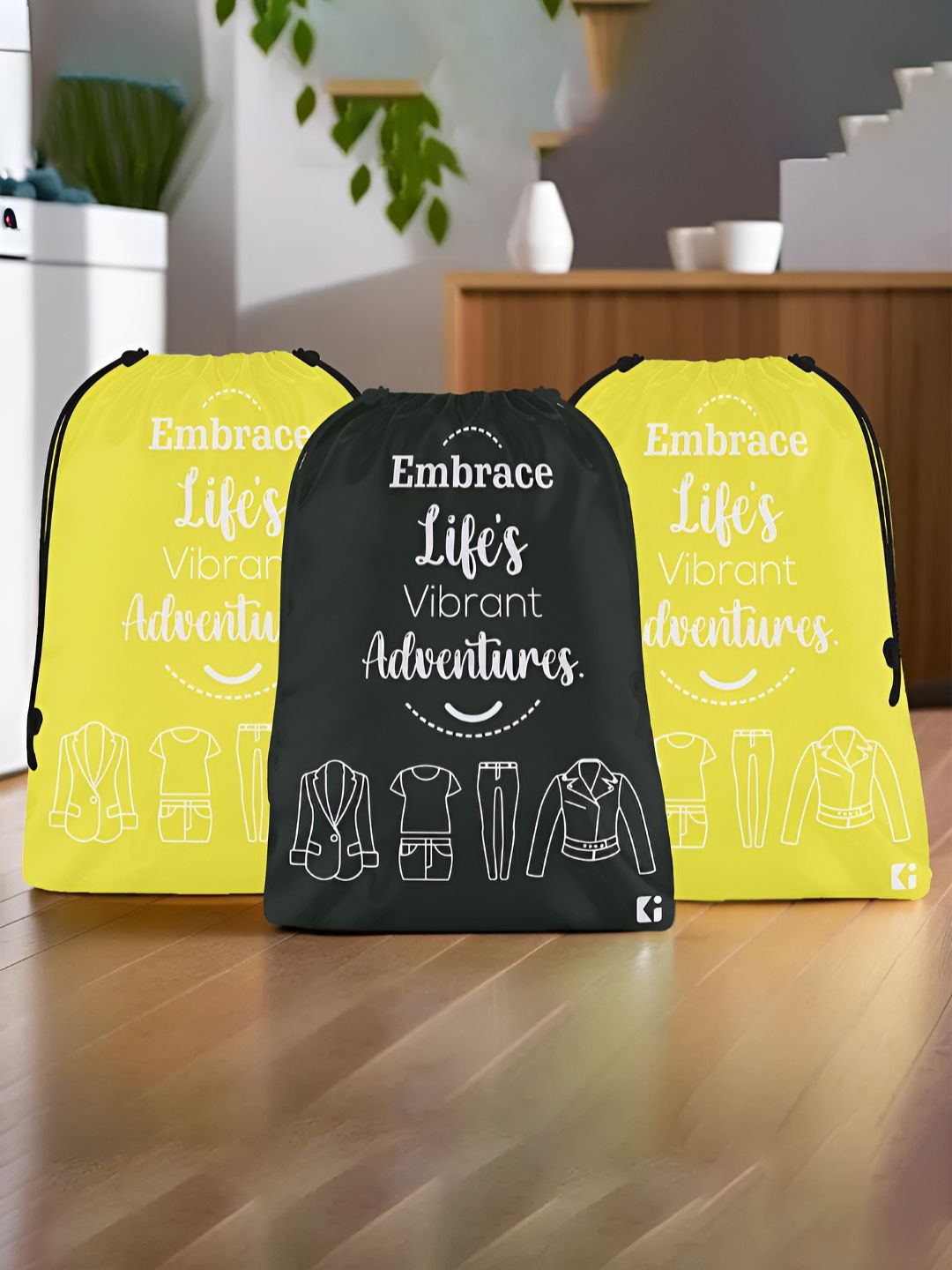 Aura Yellow & Black 3 Pieces Printed Water Resistant Laundry Bags-image-20