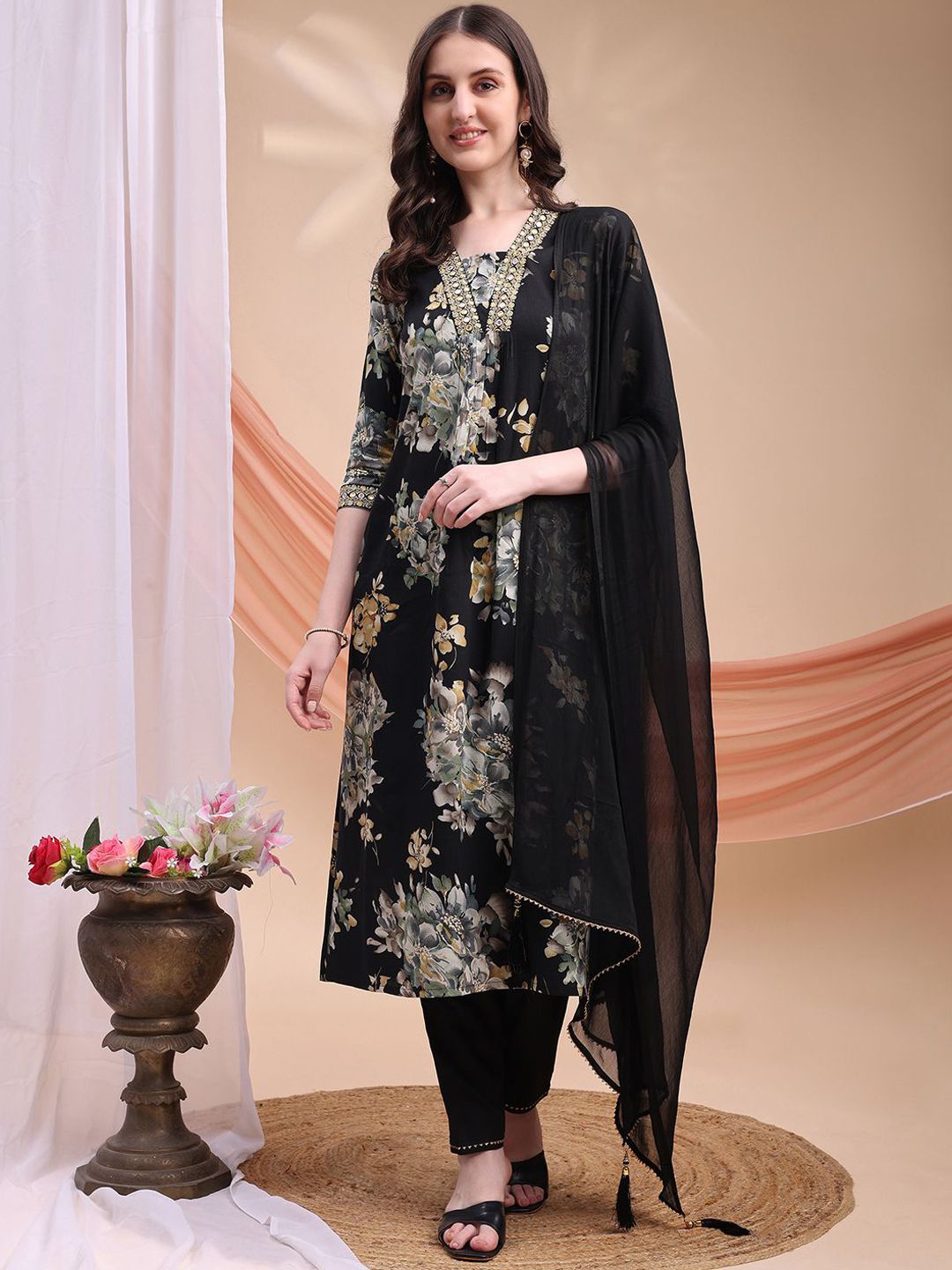 KALINI Floral Printed Square Neck A-Line Kurta With Trousers & Dupatta