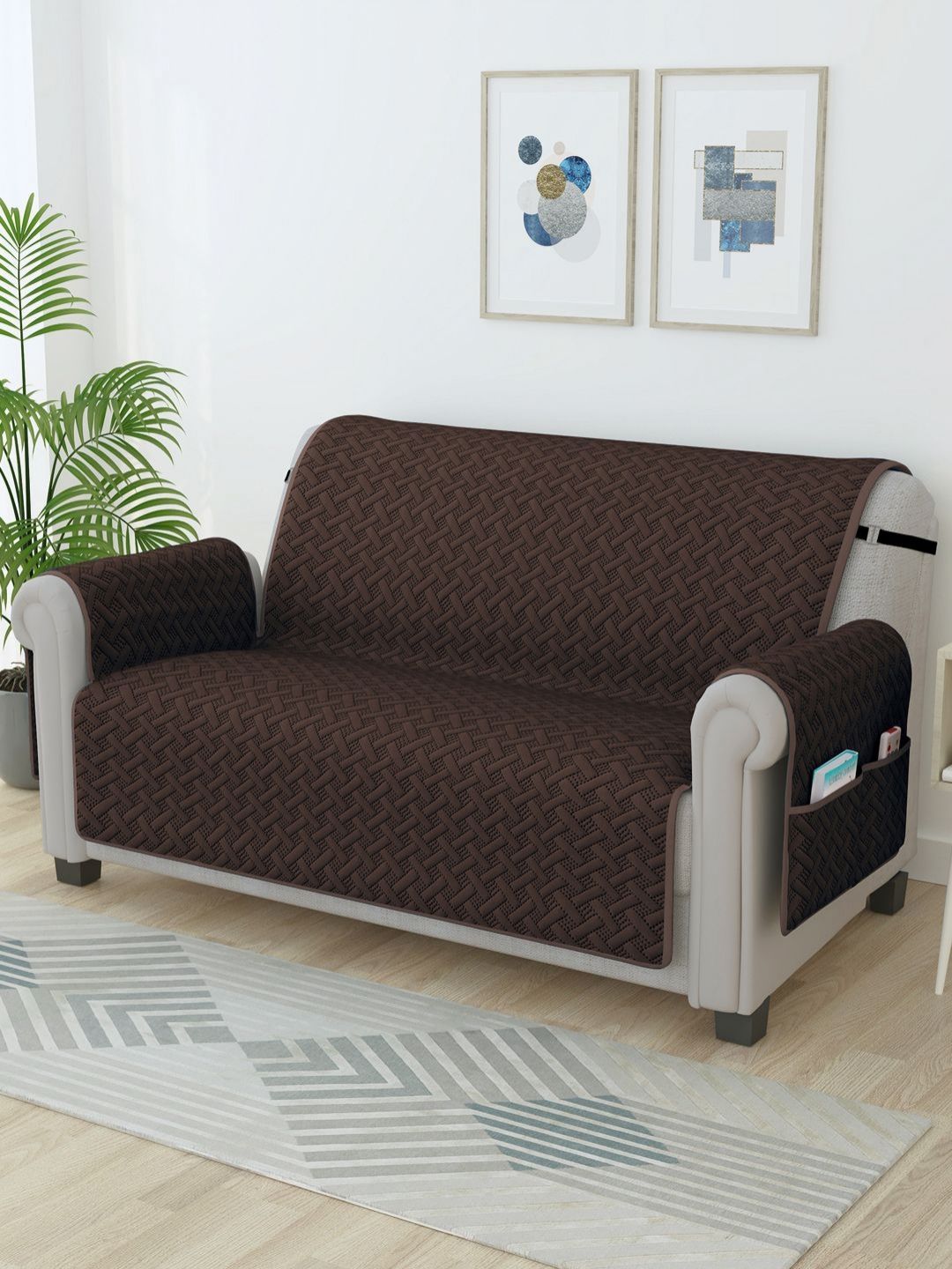 Story@home Brown Self Design Microfiber 2 Seater Sofa Cover With Arms-image-11