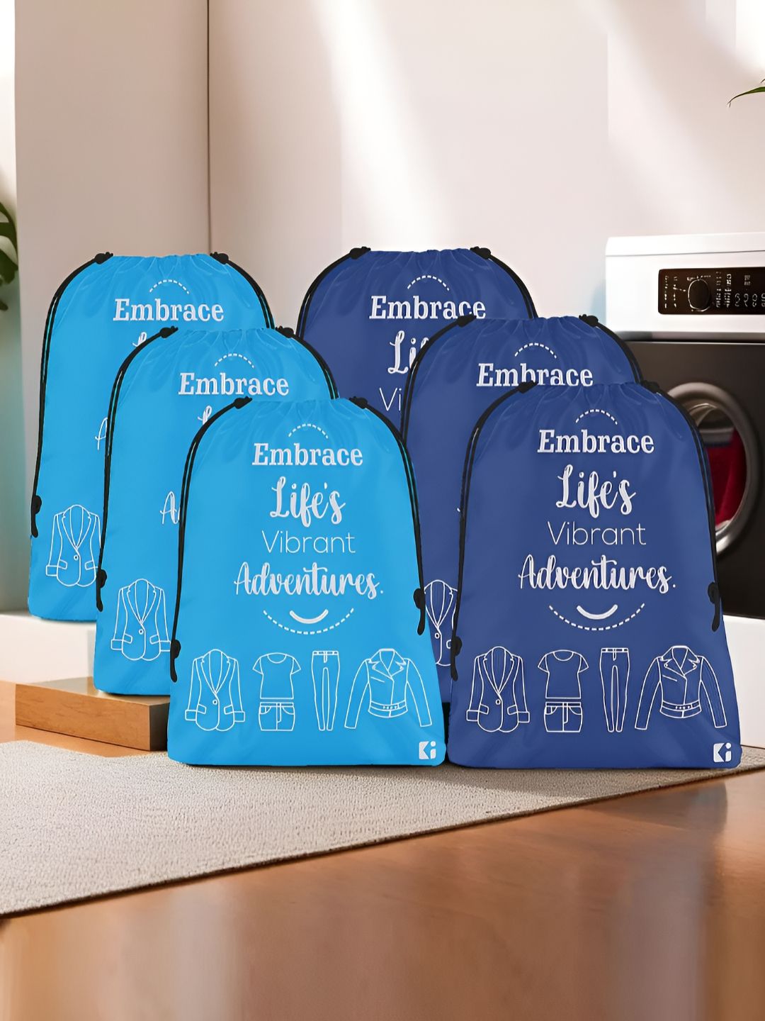 Aura Blue & Navy Blue 6 Pieces Printed Water Resistant Laundry Bags-picture-11