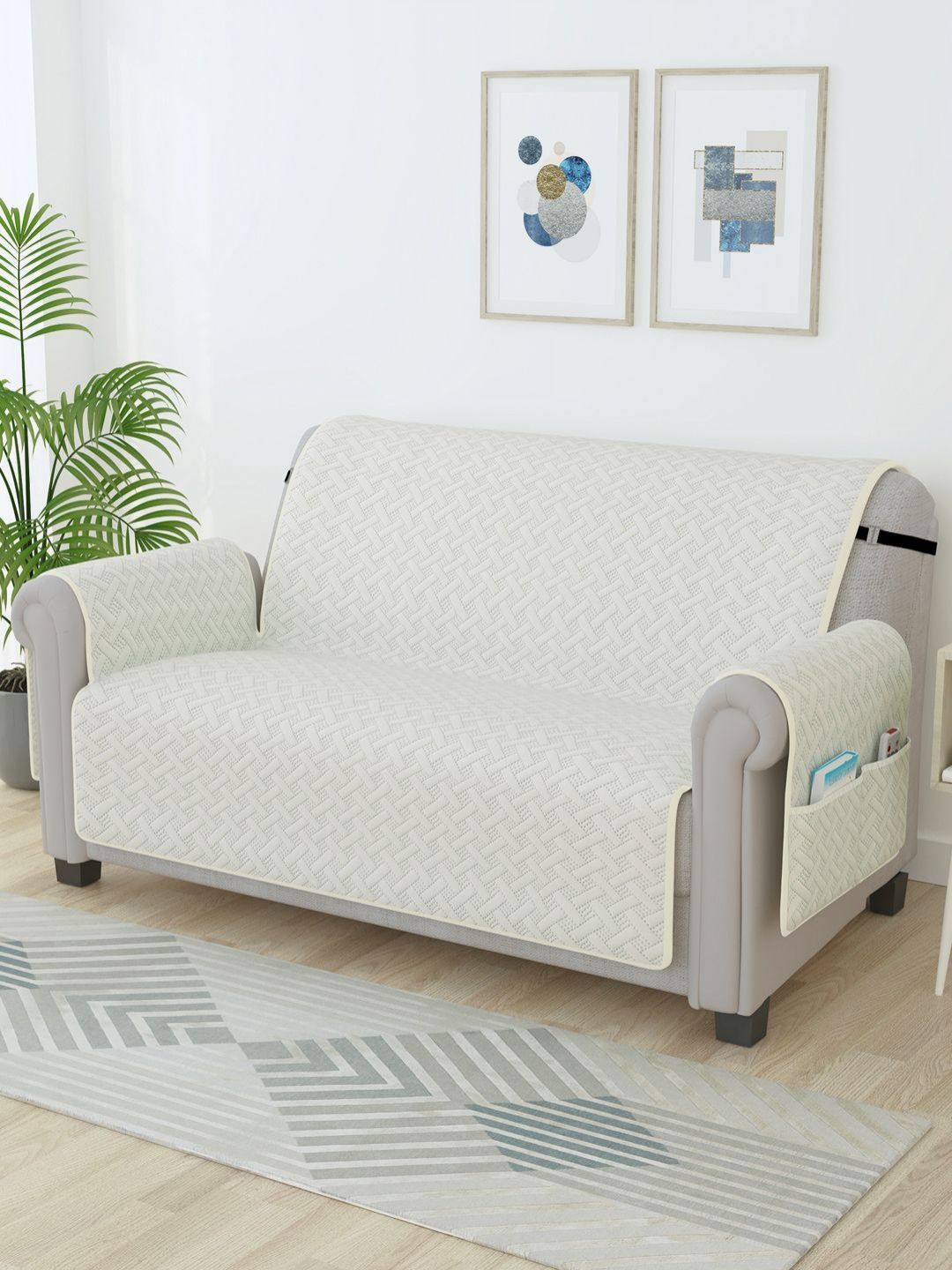 Story@home Off White Self Design Microfiber 2 Seater Sofa Cover With Arms-image-46