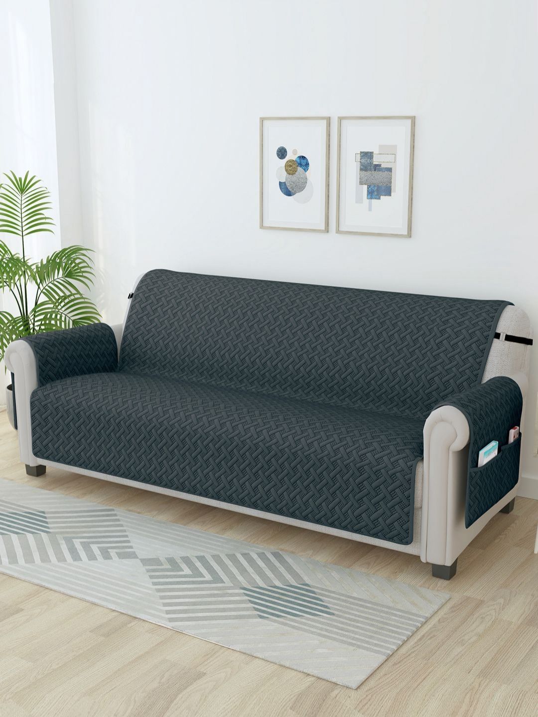 Story@home Grey Self Design Microfiber 4 Seater Sofa Cover With Arms-image-44