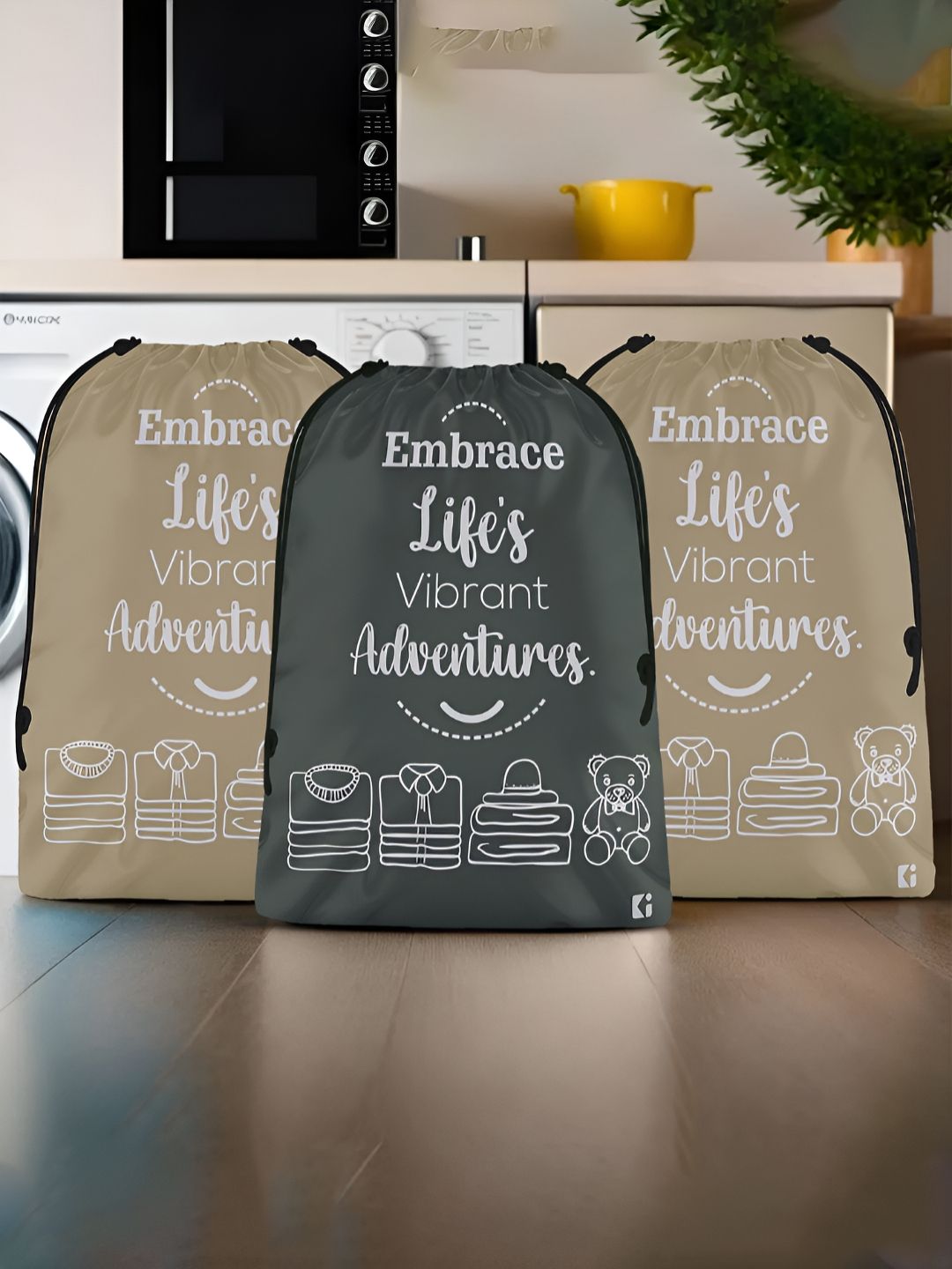 Aura Brown & Grey 3 Pieces Printed Foldable Water Resistant Multi-Utility Laundry Bags-image-19