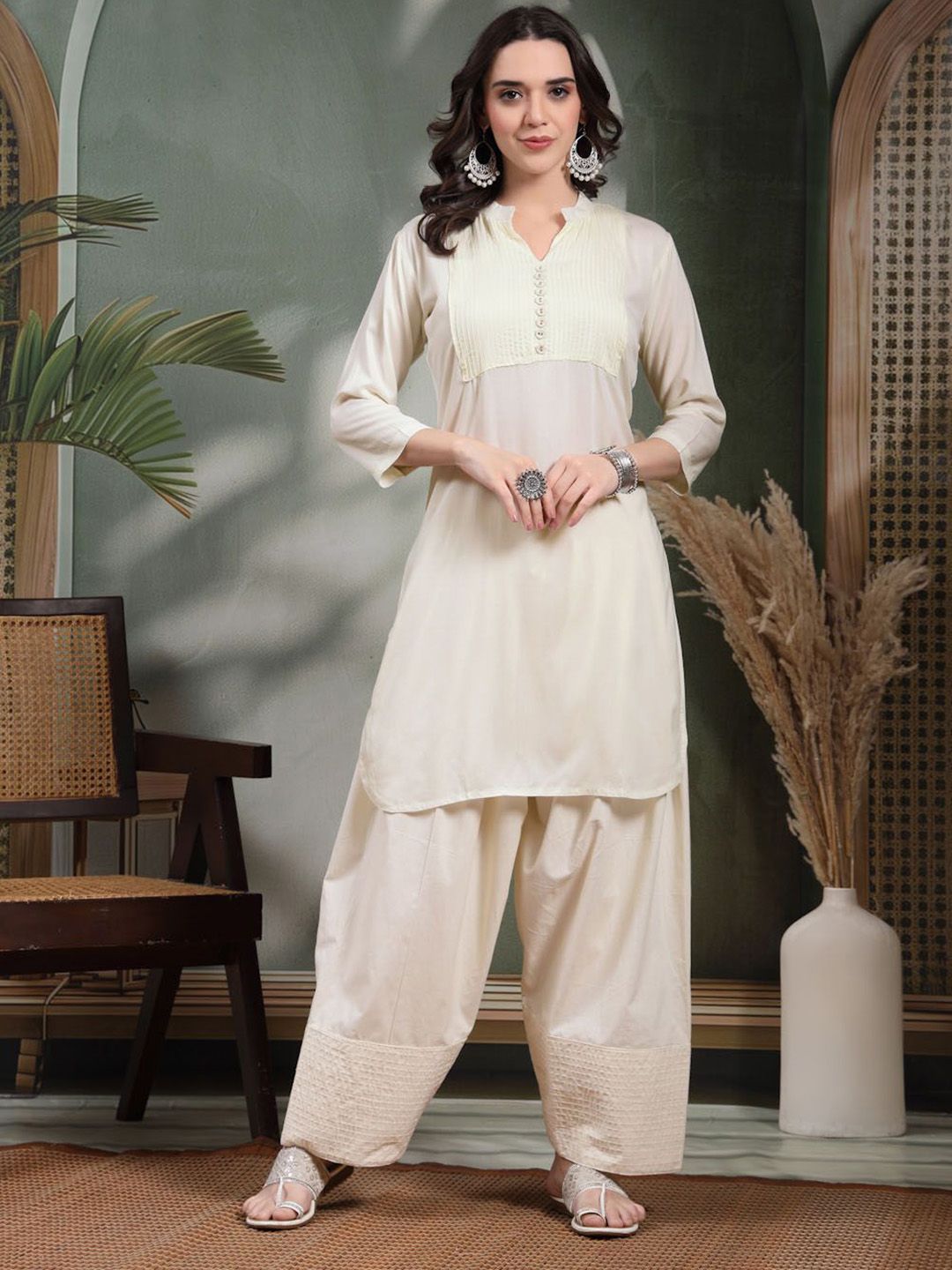 Clora Creation Women Yoke Design Regular Thread Work Pure Cotton Kurta with Farshi Salwar