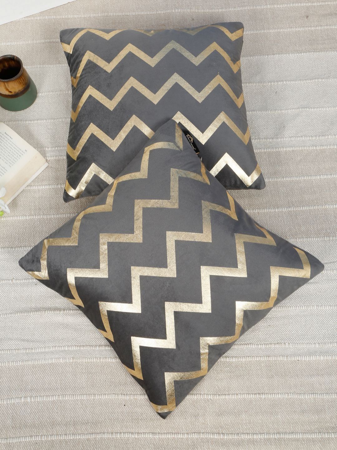 HOSTA HOMES Grey & Gold-Toned Set of 2 Geometric Velvet Square Cushion Covers-picture-13