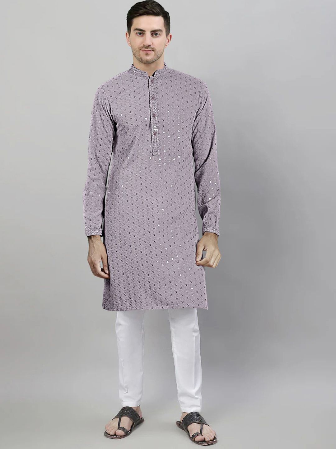 SG LEMAN Embroidered Mandarin Collar Chikankari Straight Kurta With Pyjamas-picture-19