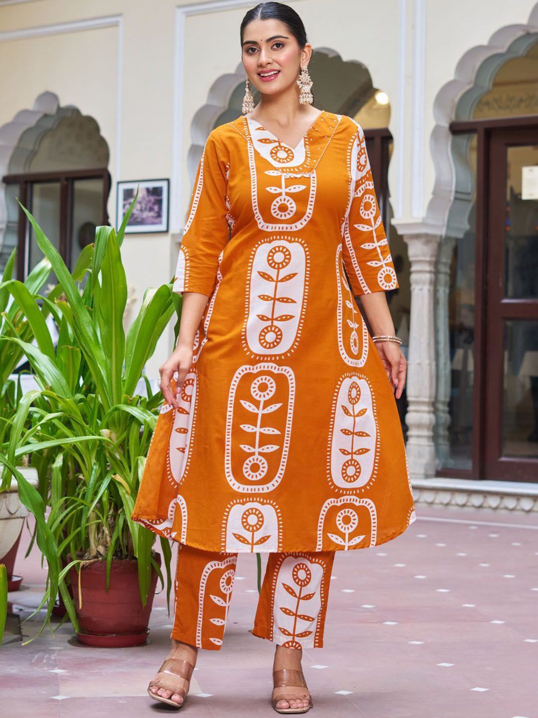 Kaftanize Floral Printed V-Neck A-Line Kurta With Palazzo