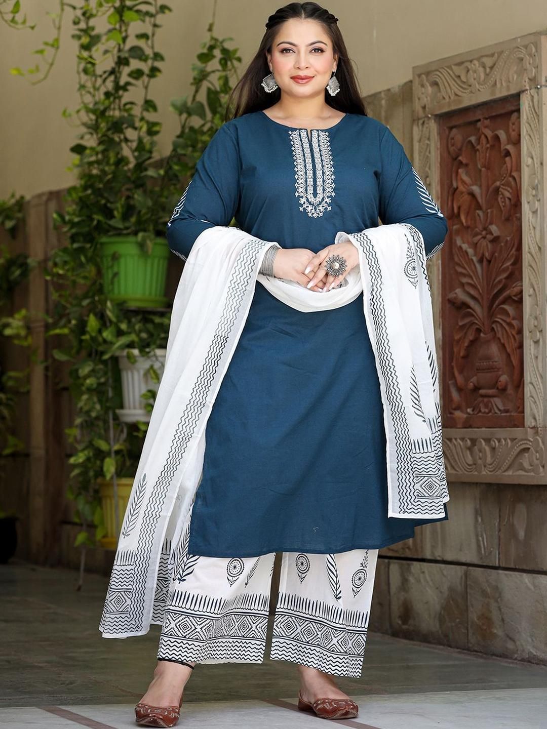 KALINI Women Ethnic Motifs Embroidered Regular Pure Cotton Kurta with Palazzos & Dupatta