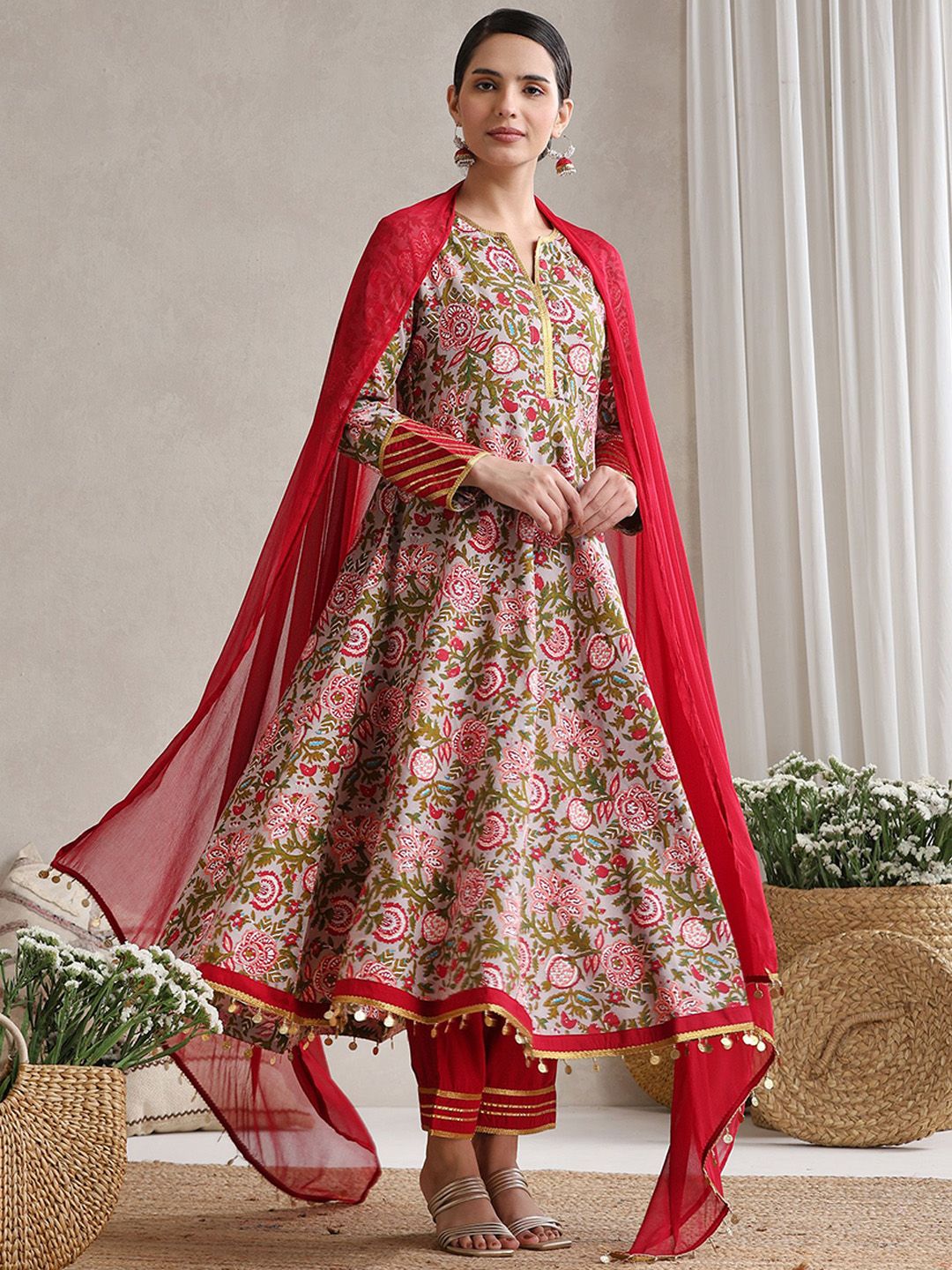 Khushal K Floral Printed Notch Neck Anarkali Kurta With Palazzos & Dupatta