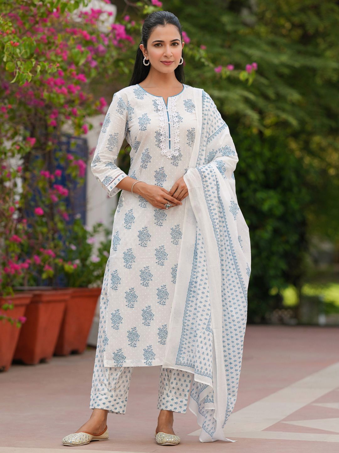 Rain & Rainbow Women Ethnic Motifs Printed Pure Cotton Kurta with Trousers & Dupatta-picture-17