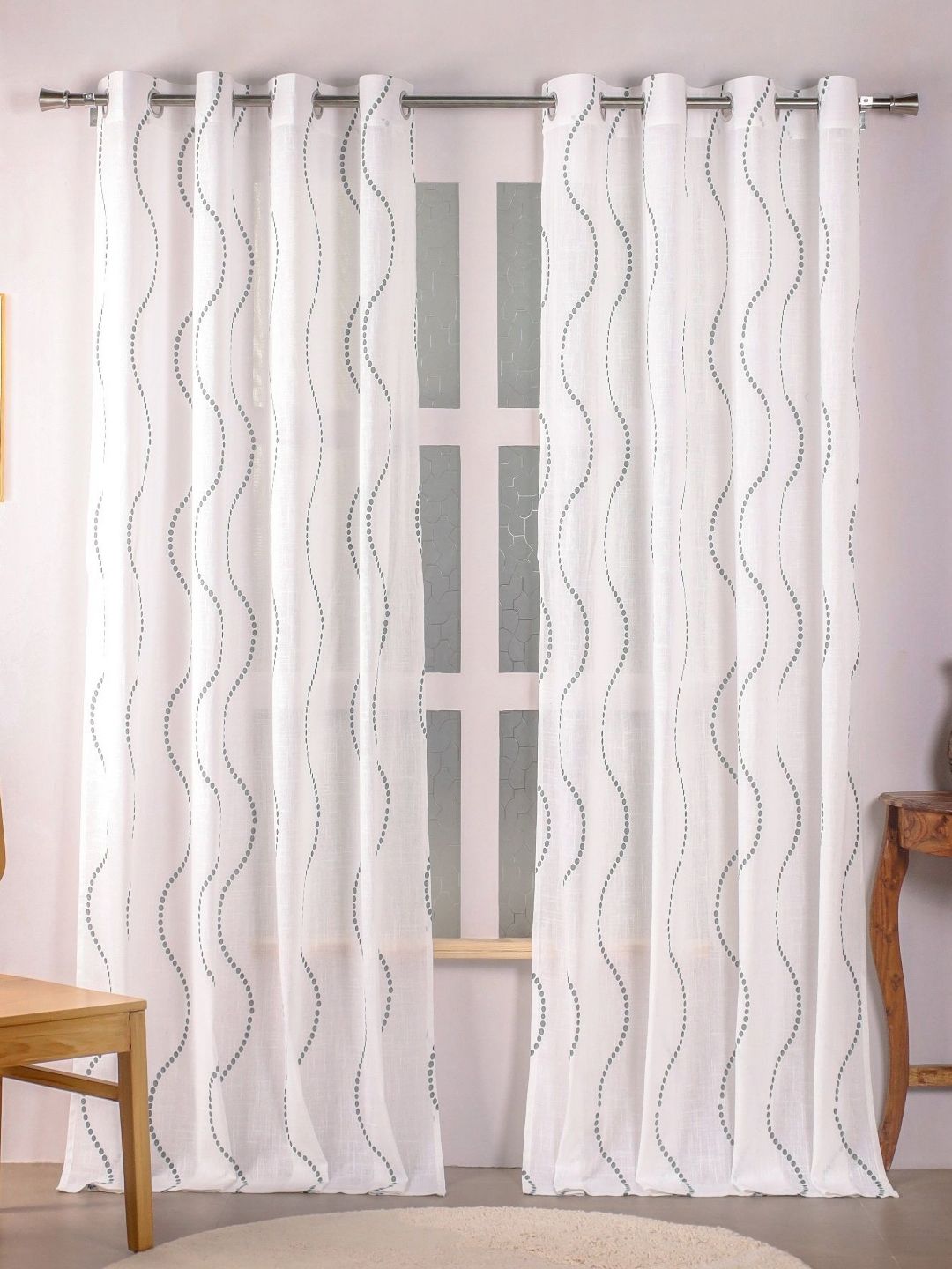 HOMEMONDE Grey & White 2 Pieces Printed Cotton Sheer Window Curtains-image-49