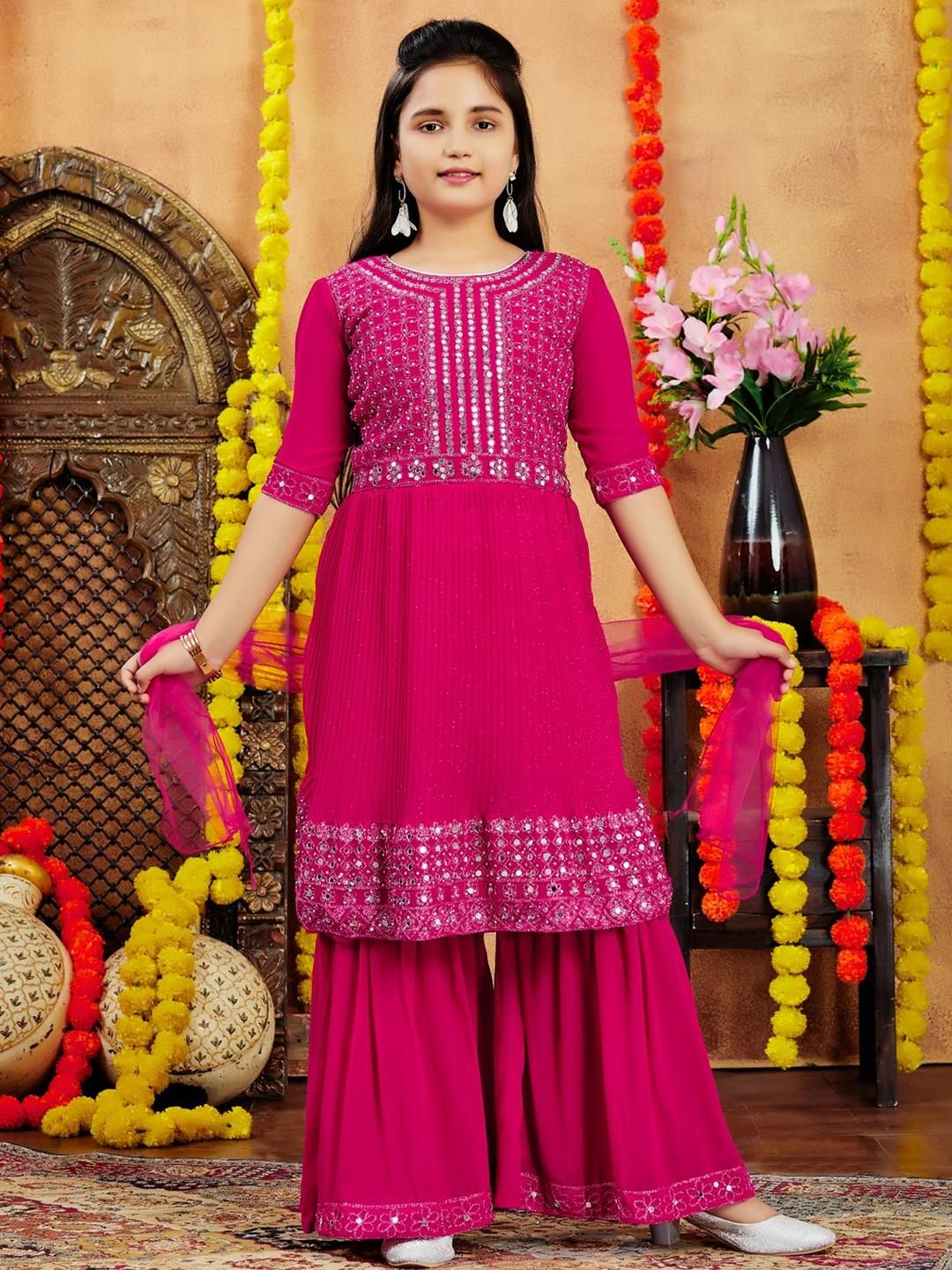 Sangria Girls Pink Georgette Kurta Sets-picture-13