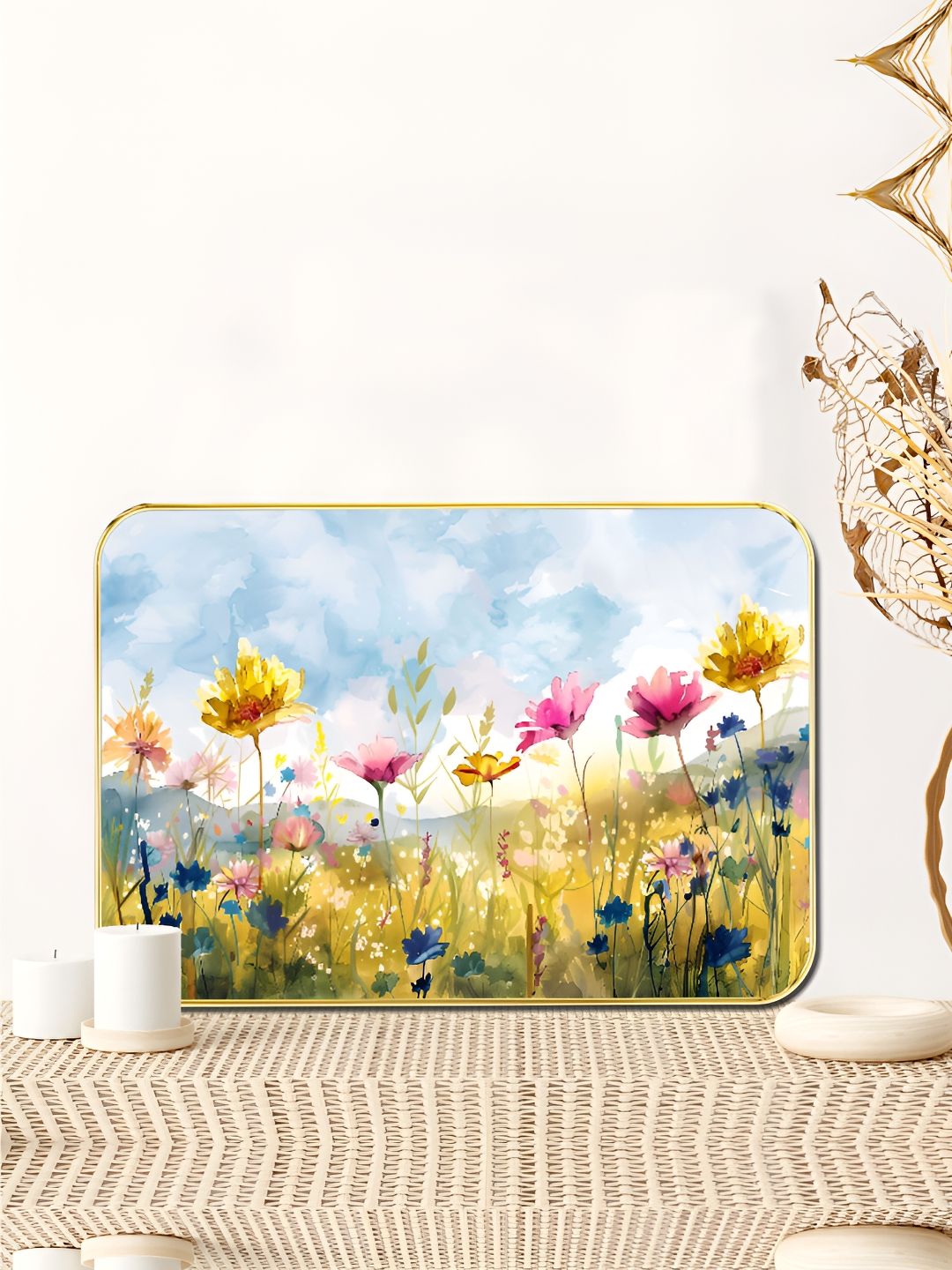 SAF Yellow & Blue Floral And Botanical Printed Wooden Wall Art-image-21