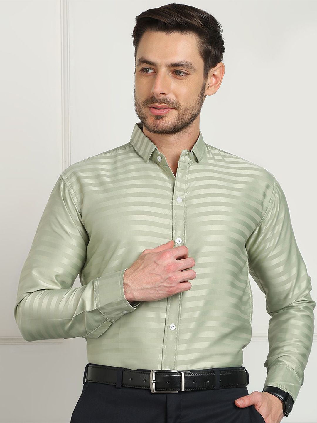 SZN Standard Fit Horizontal Striped Spread Collar Satin Formal Shirt-picture-19