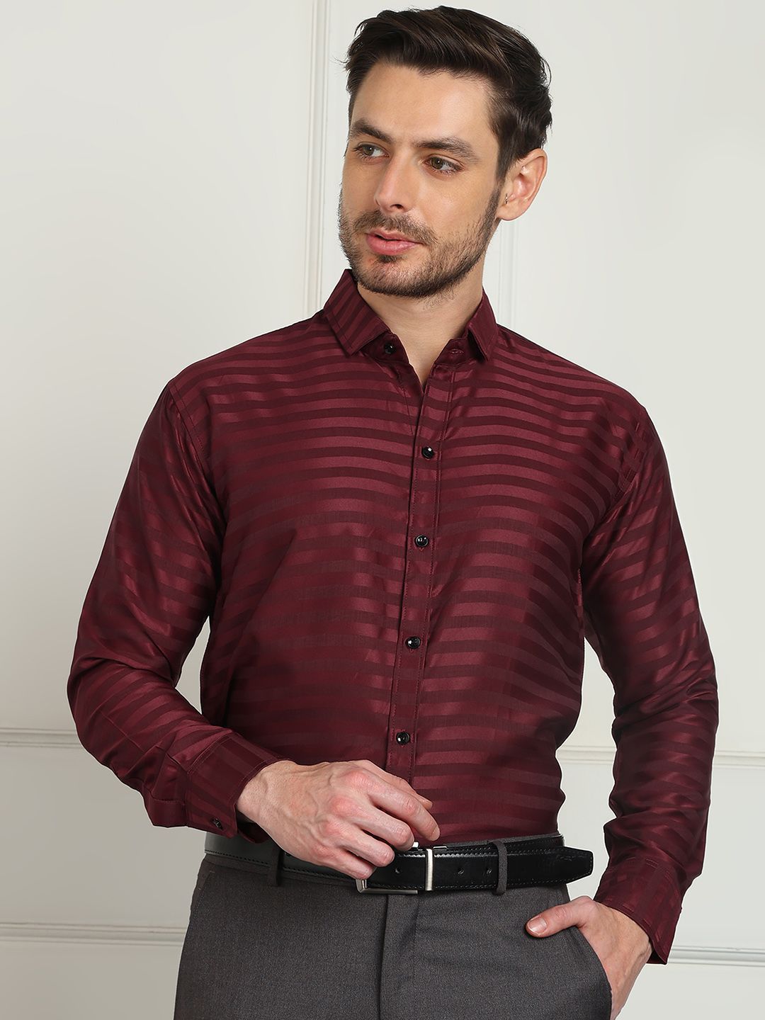 SZN Standard Fit Horizontal Striped Spread Collar Satin Formal Shirt-picture-54