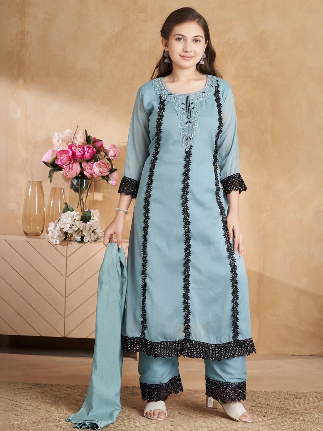 Sangria Girls Turquoise Blue Georgette Kurta Sets-picture-52
