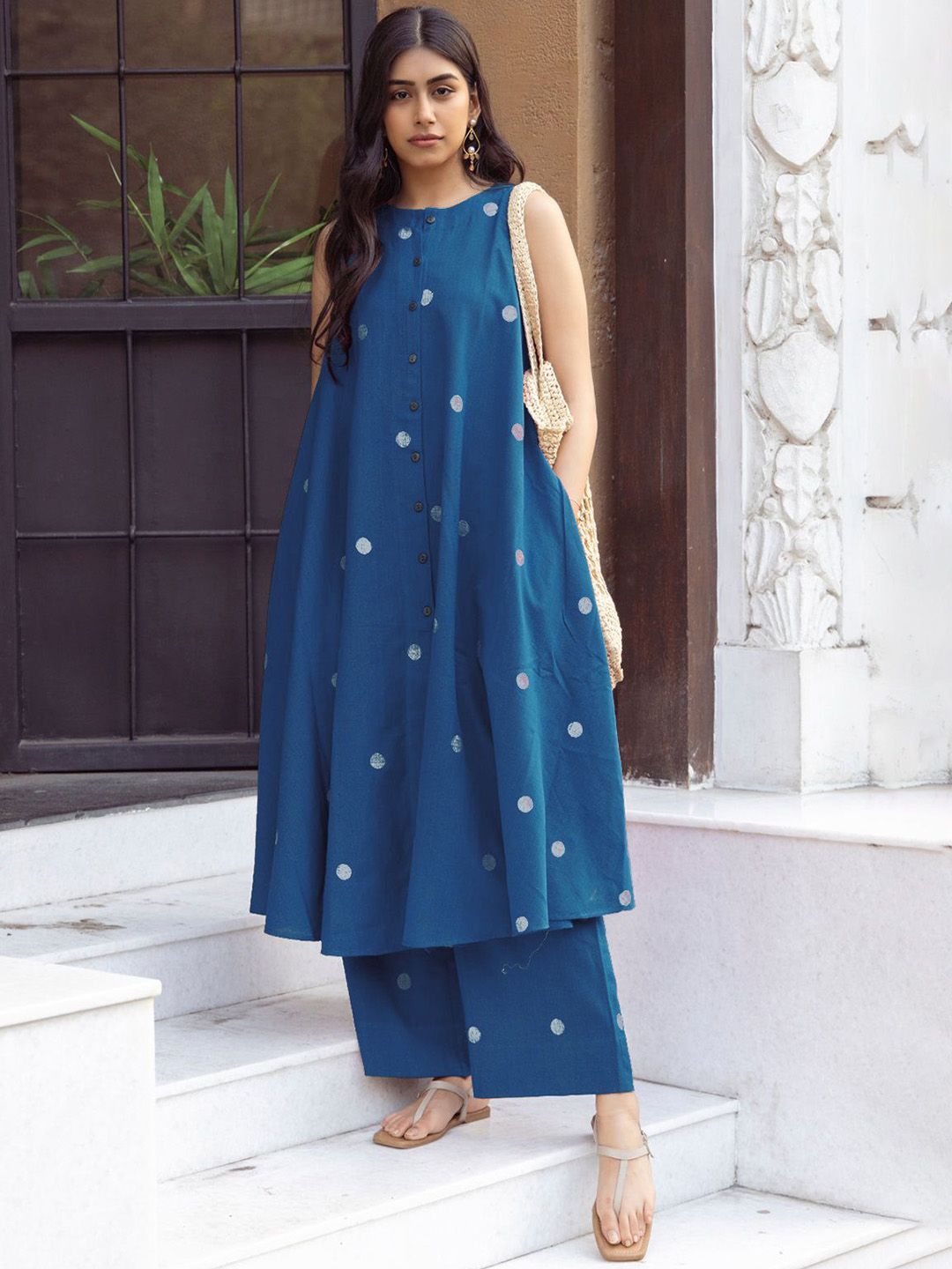 GoSriKi Floral Printed Round Neck Flared Anarkali Kurta With Palazzos