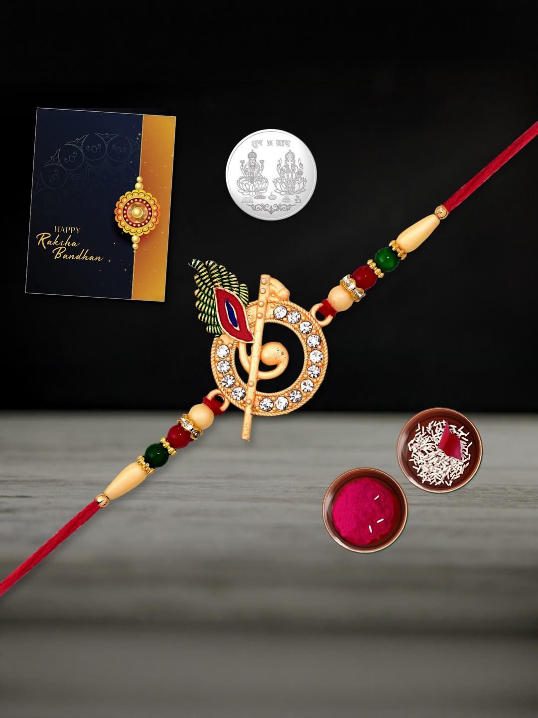 DeoDap Flute Peacock Rakhi With Silver Colour Coin Roli Chawal & Greeting Card-picture-17