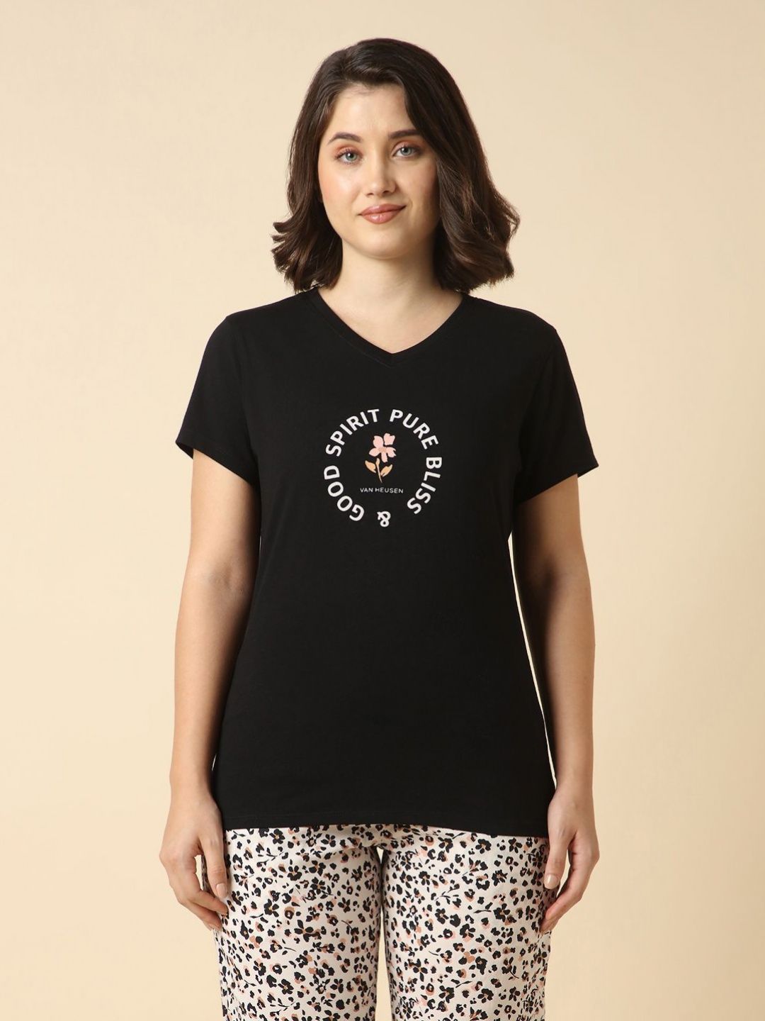 Van Heusen Women Typography Printed V-Neck Cotton Relaxed Fit T-shirt-picture-32