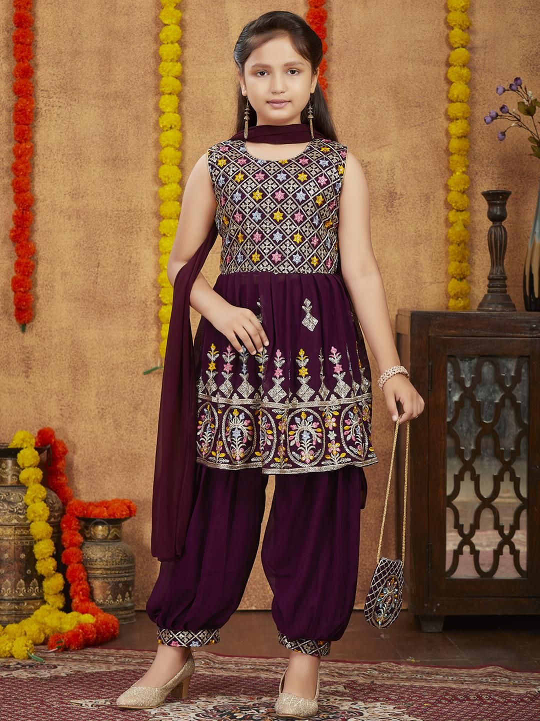 Sangria Girls Purple Georgette Kurta Sets-picture-16