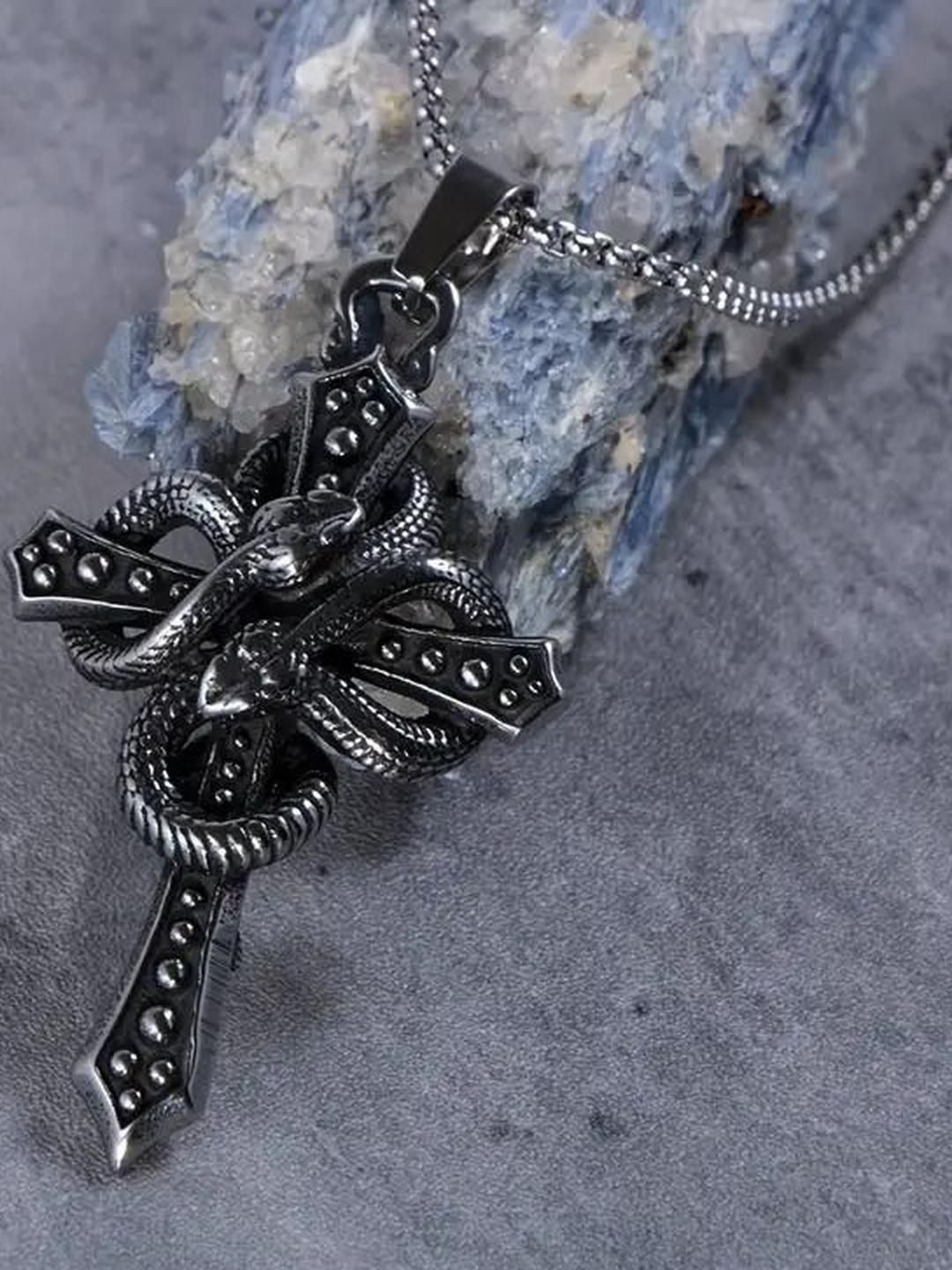 roadster Men's Silver Plated Necklace Double Snake Wrapped Pendant with Chain-picture-13