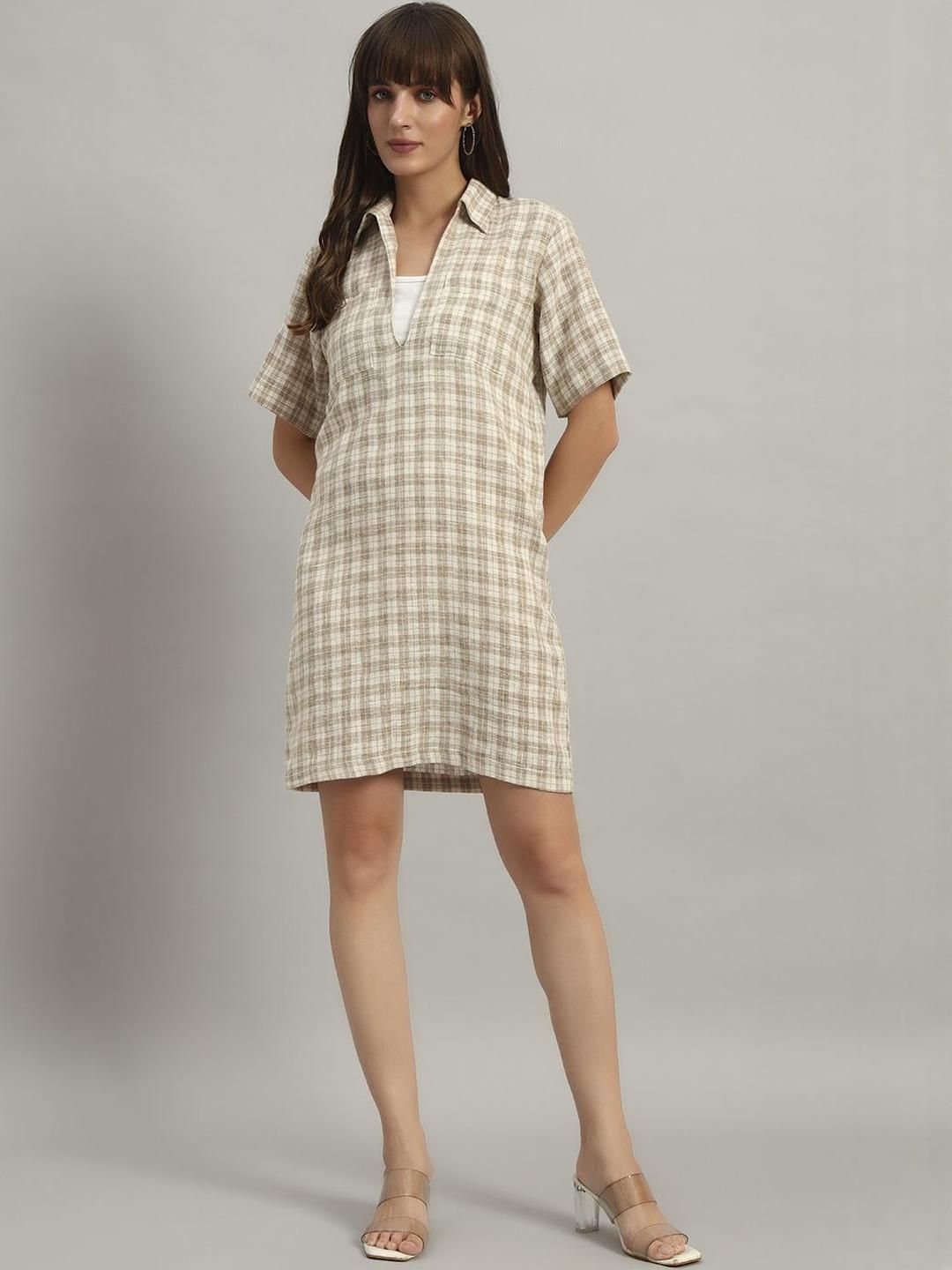 all about you Women Cotton Shirt Collar Checked A-Line Dress With Pockets-picture-28