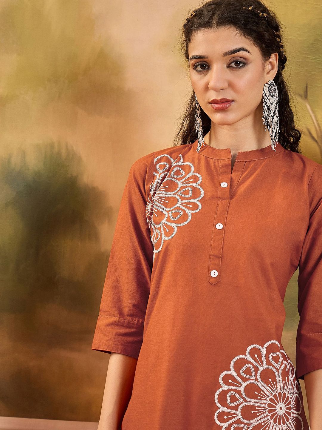 Sangria Women Floral Embroidered Cotton Kurta with Trousers