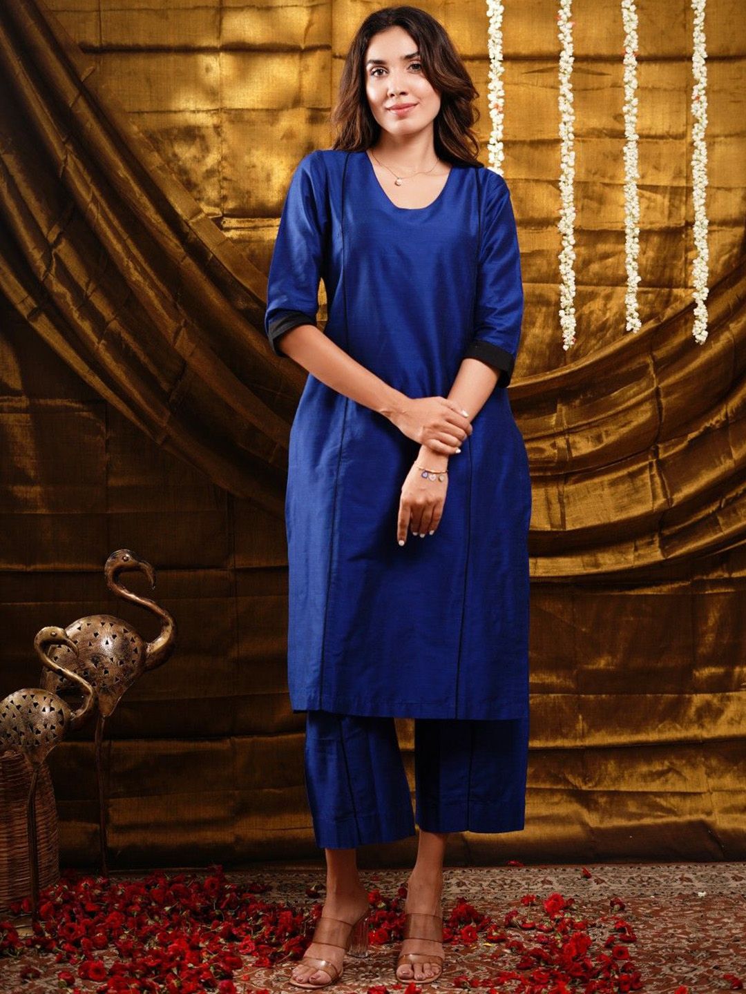 NEXSTYLO Women Solid Silk Kurta with Palazzo