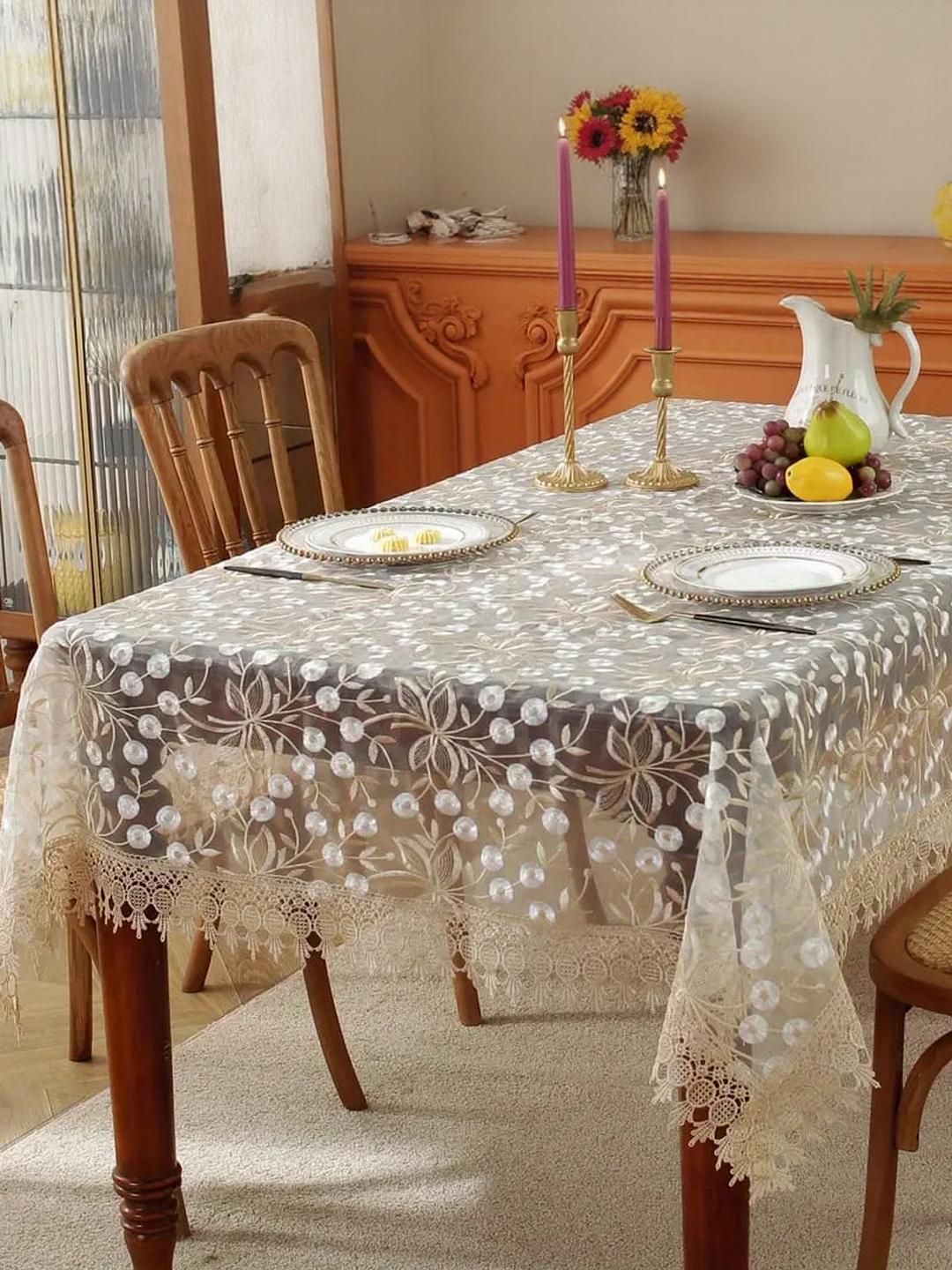 TANLOOMS Gold-Toned Floral Embroidered Anti-Skid 8-Seater Table Cover-picture-51