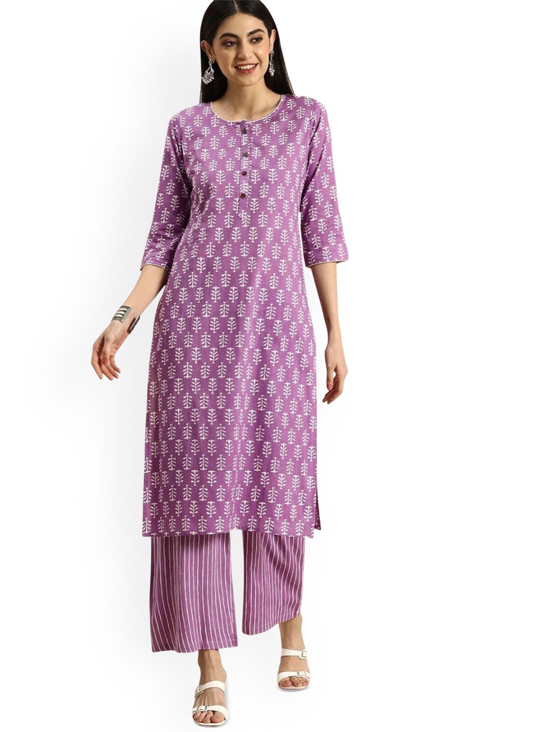 MEERA FAB Ethnic Motifs Printed Regular Thread Work Pure Cotton Kurta with Trousers