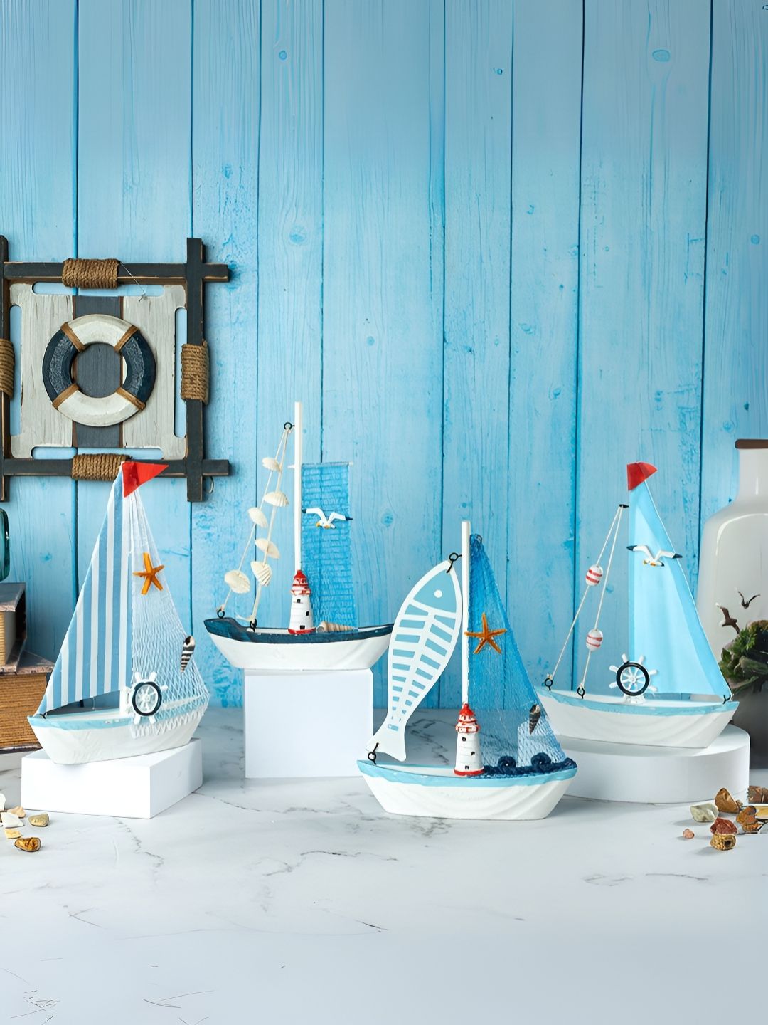 eazy wagon Blue & White Wooden Sailboat Showpiece-picture-20