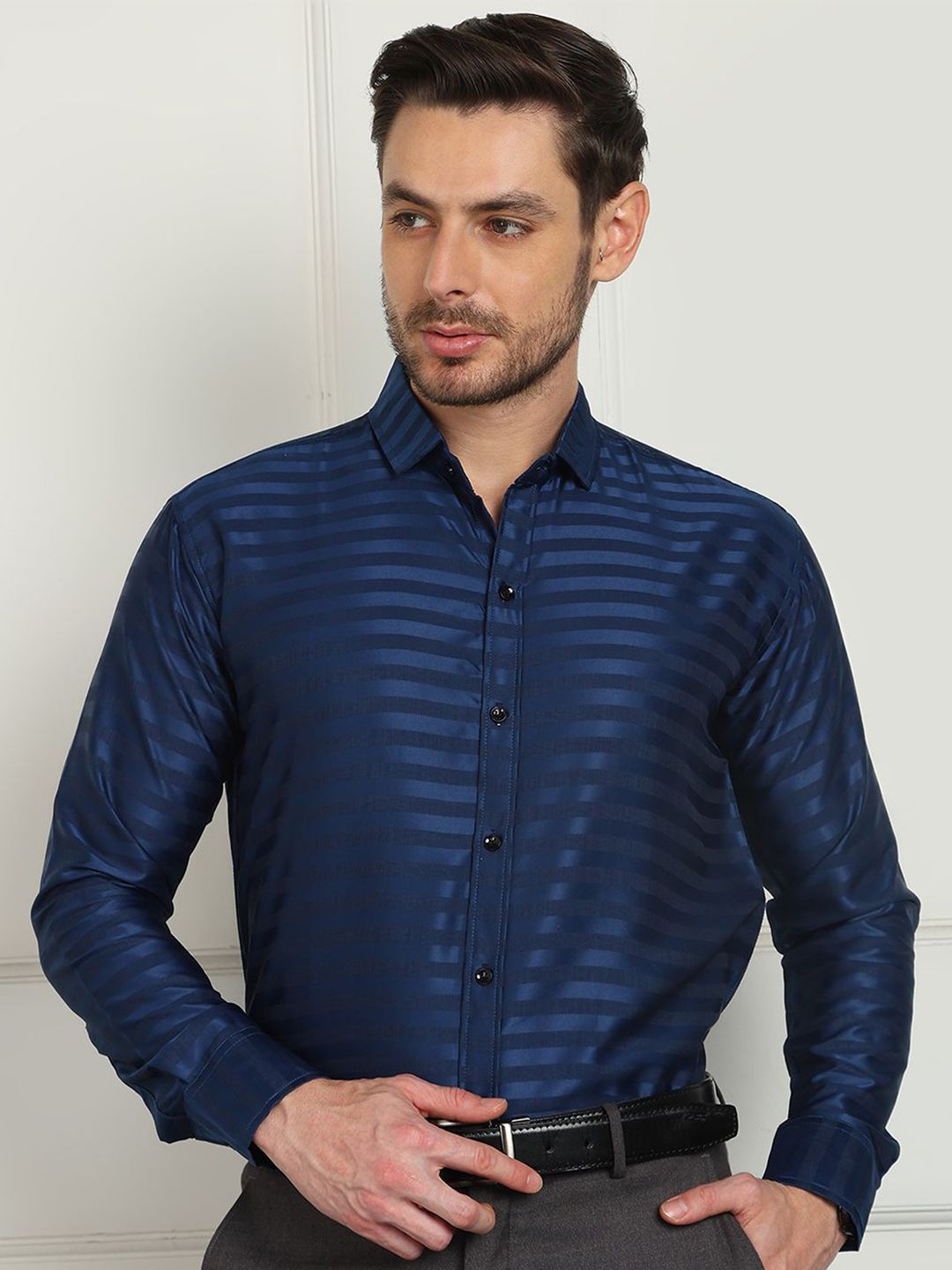 SZN Men Standard Fit Horizontal Striped Spread Collar Formal Shirt-image-19