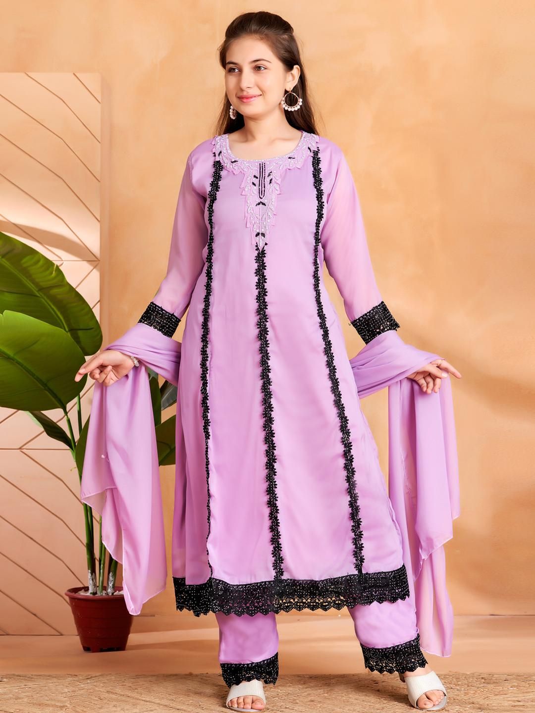Sangria Girls Purple Georgette Kurta Sets-picture-34