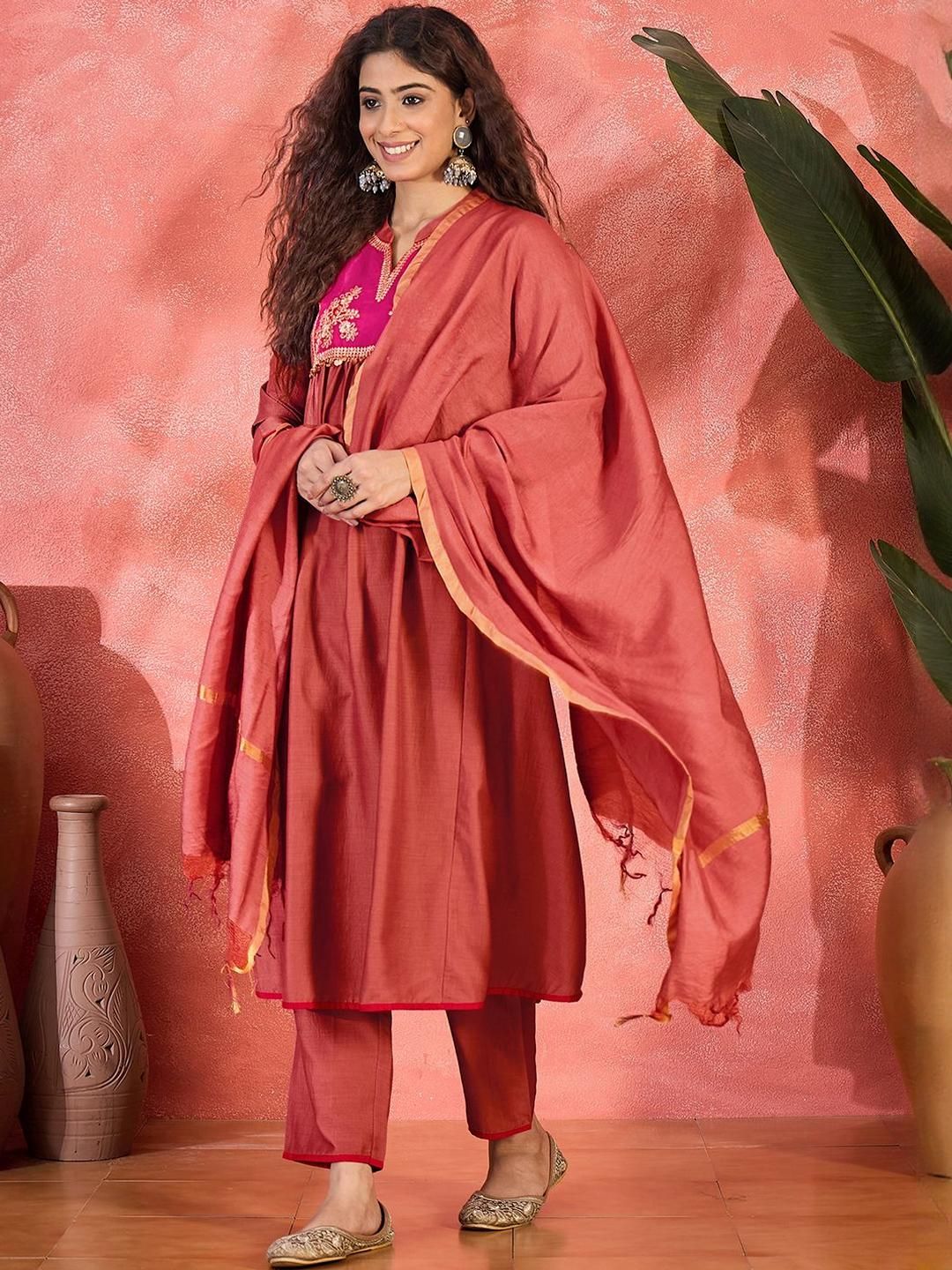 Sangria Women Embroidered Flared Mandarin Collar Kurta, Pant With Dupatta Set