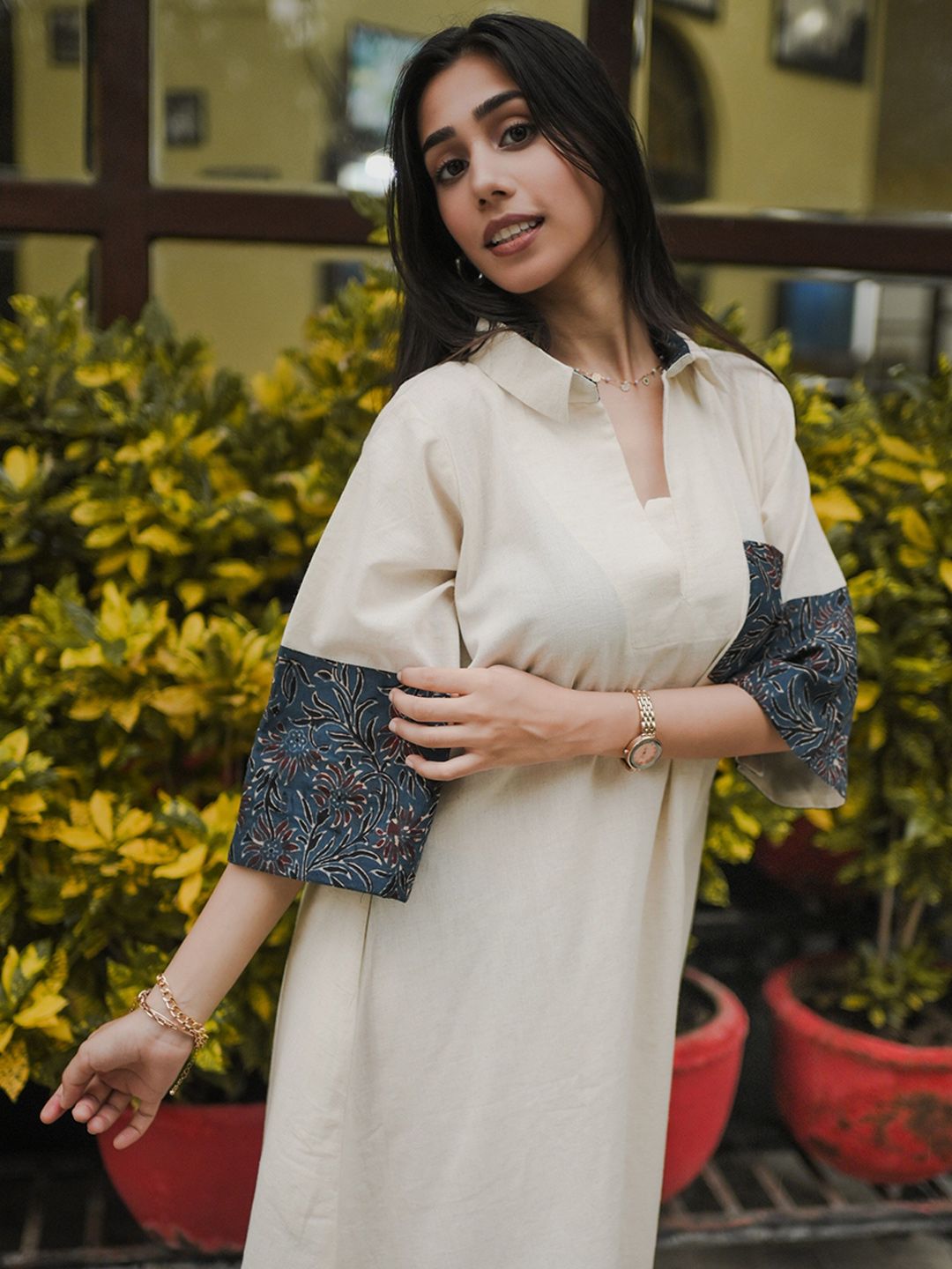 THE SAFFRON SAGA Women Shirt Collar Utility Pockets Cotton A-Line Dress