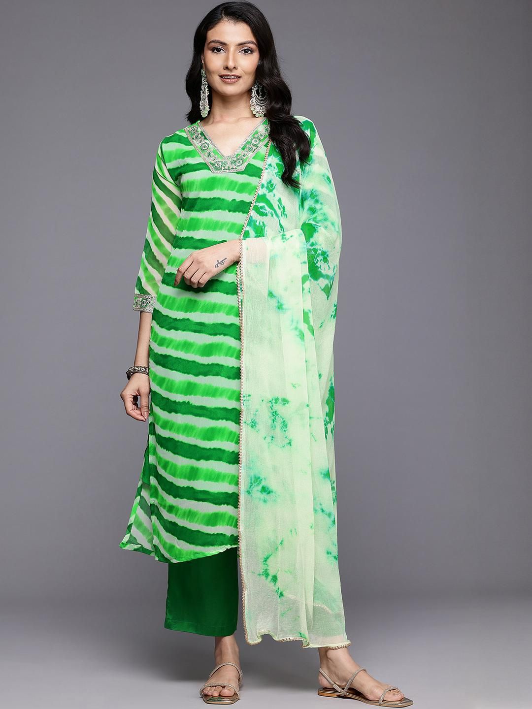 KSUT Women Leheriya Printed Regular Sequinned Silk Georgette Kurta with Trousers & With Dupatta