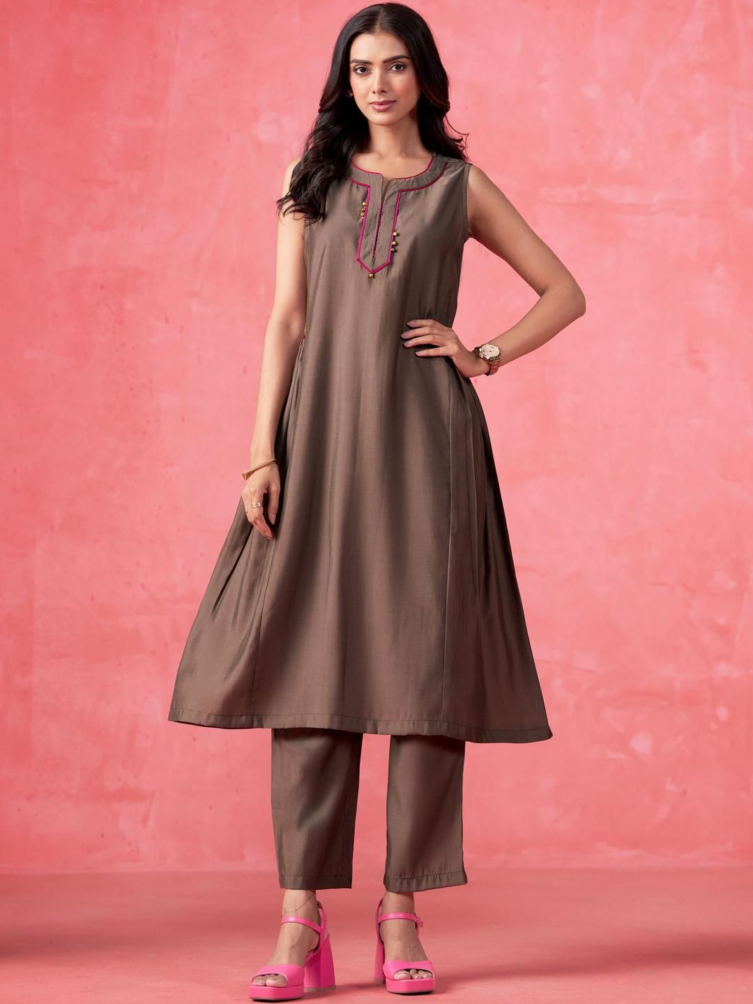 Sangria Women Solid Yoke Design Silk Kurta with Trousers