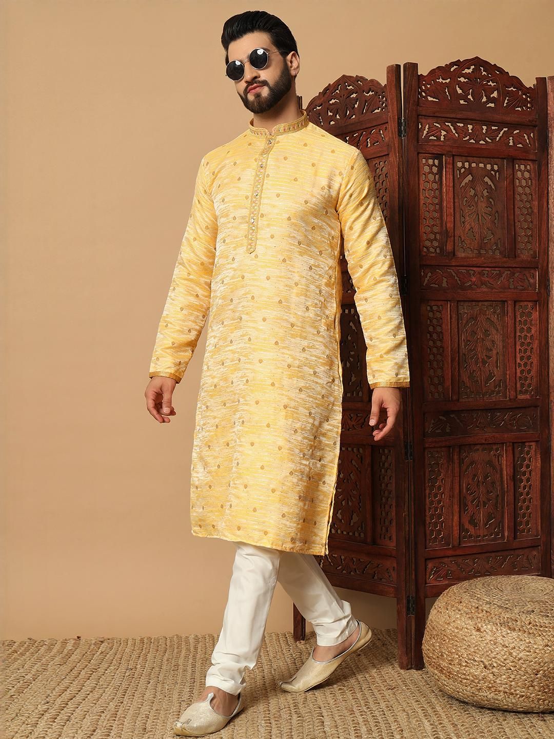 Buy Men's Lemon Yellow Textured Kurta With Scattered Embroidery ...